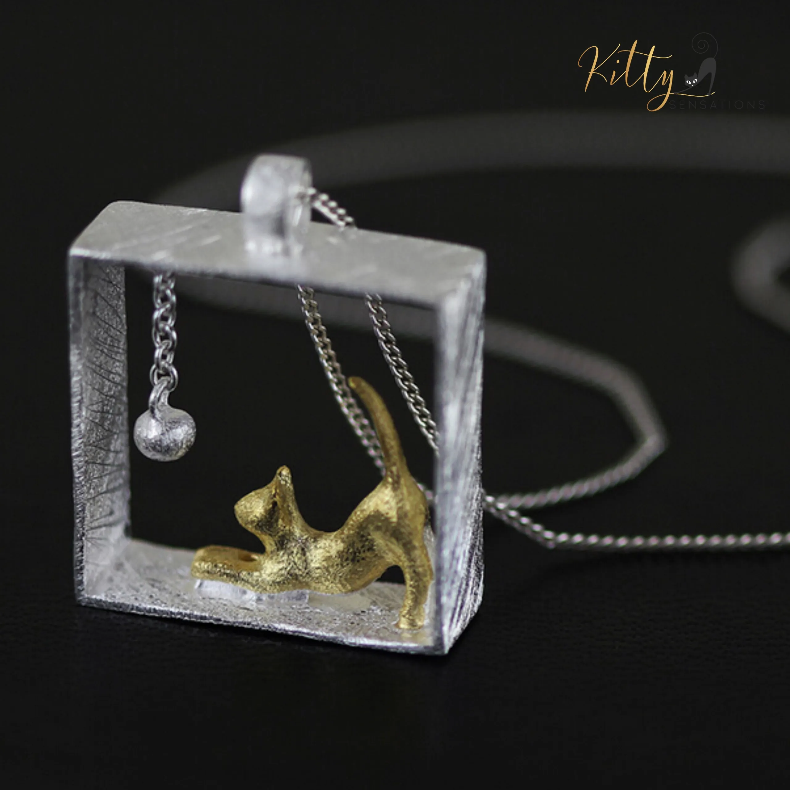 3D Playful-Kitty-in-Square-Frame Necklace in Solid 925 Sterling Silver