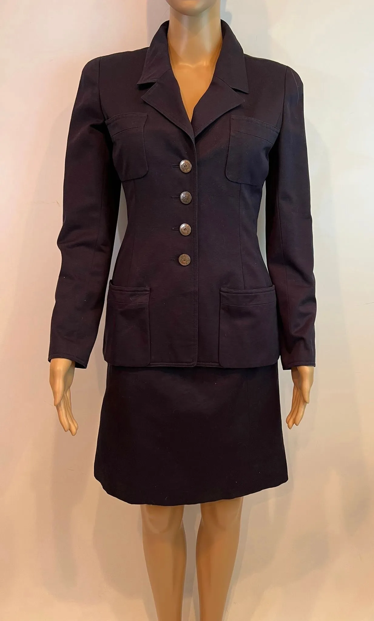 97C 1997 Cruise Chanel Vintage Dark Navy Fitted Skirt Jacket Suit Set FR 38 US 2/4