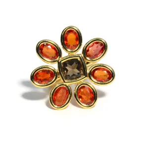 A & Furst - Fiori - Cocktail Ring with Orange Sapphires and Smoky Quartz, 18k Yellow Gold