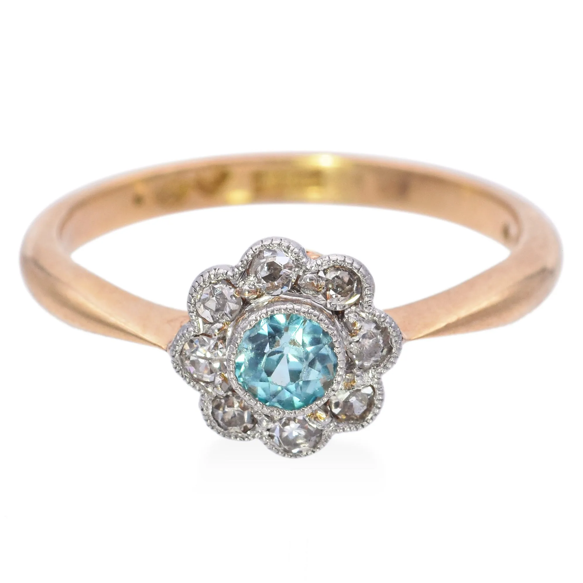 Antique A H Signed 18K Yellow Gold & Platinum Blue Zircon & Diamond Ring Size 6