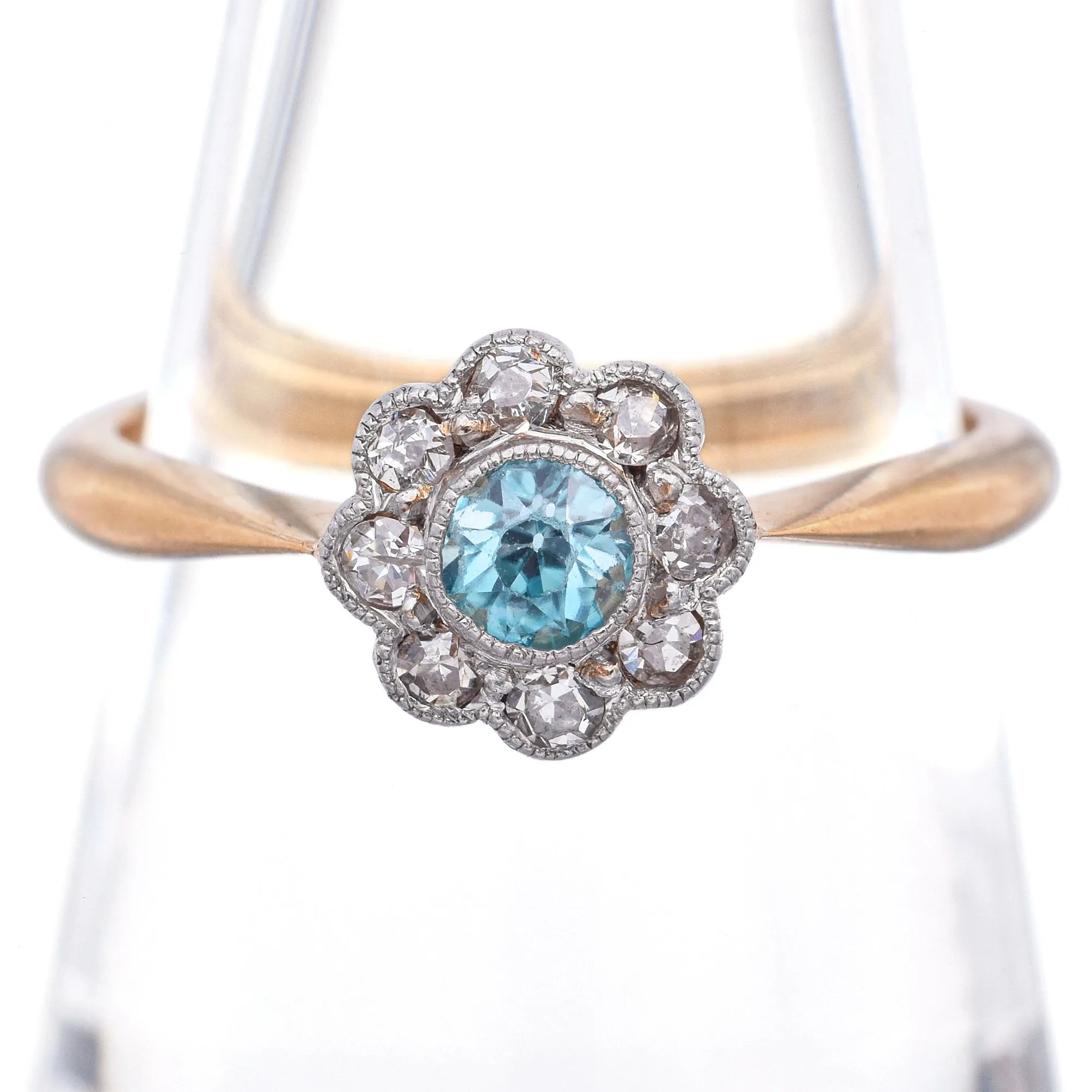 Antique A H Signed 18K Yellow Gold & Platinum Blue Zircon & Diamond Ring Size 6