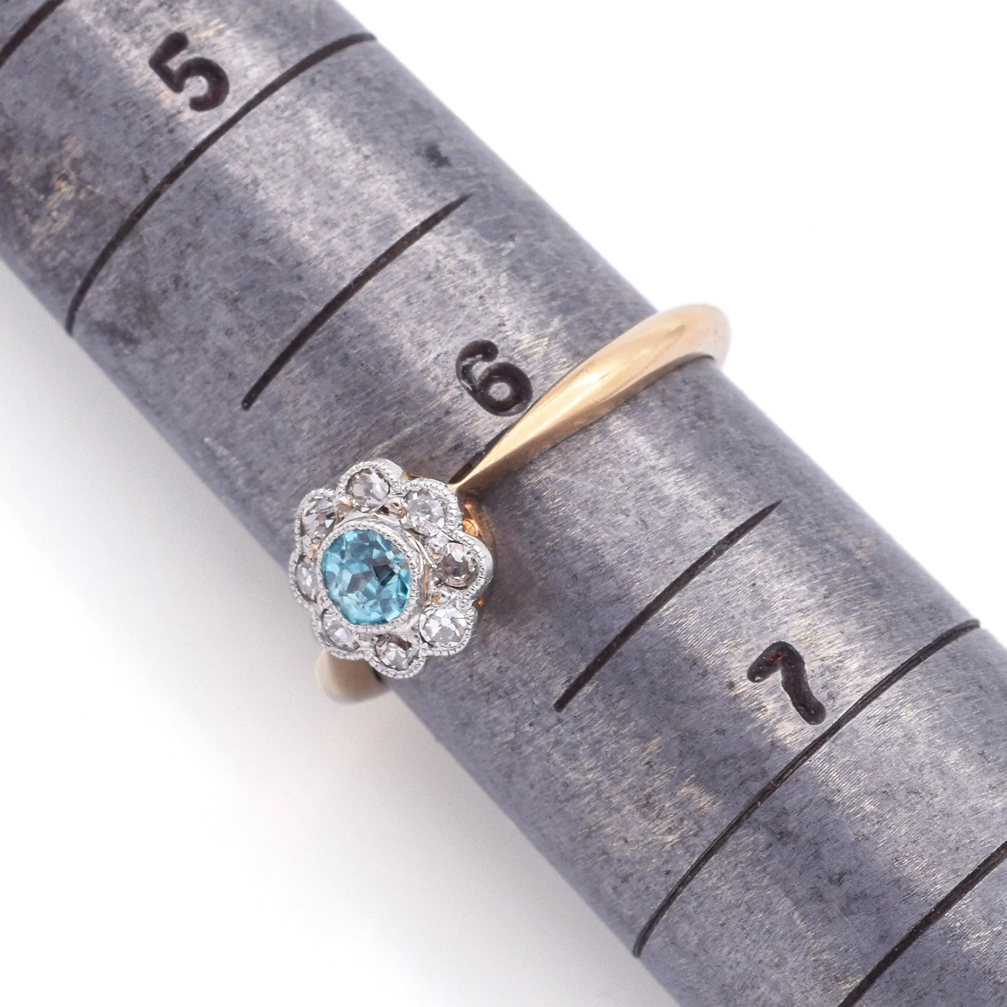 Antique A H Signed 18K Yellow Gold & Platinum Blue Zircon & Diamond Ring Size 6