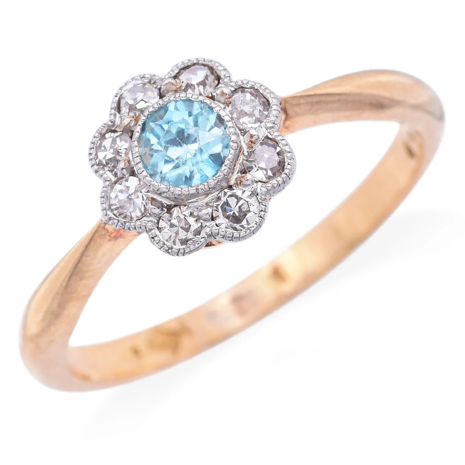 Antique A H Signed 18K Yellow Gold & Platinum Blue Zircon & Diamond Ring Size 6