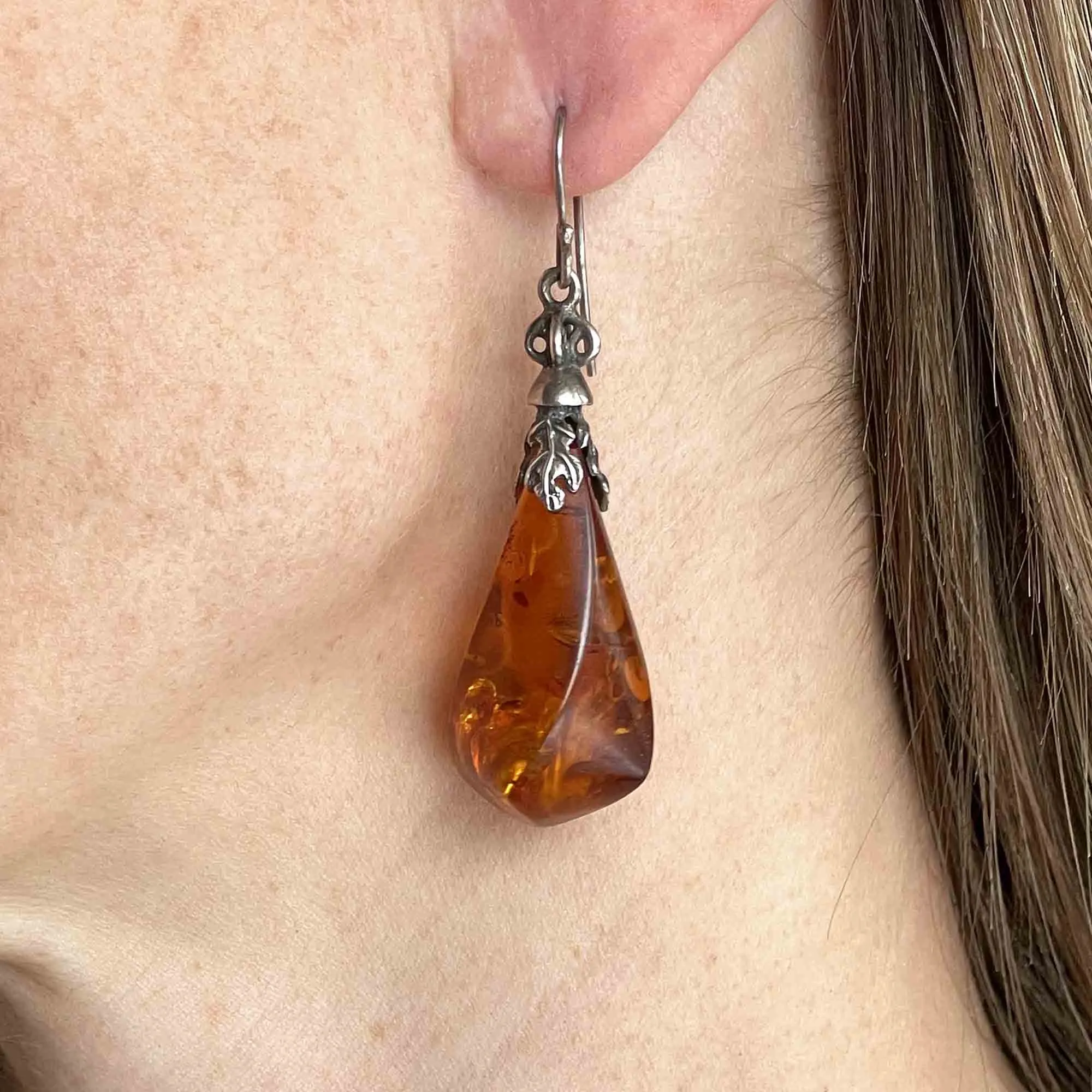 Art Nouveau Style Large Silver Baltic Amber Earrings