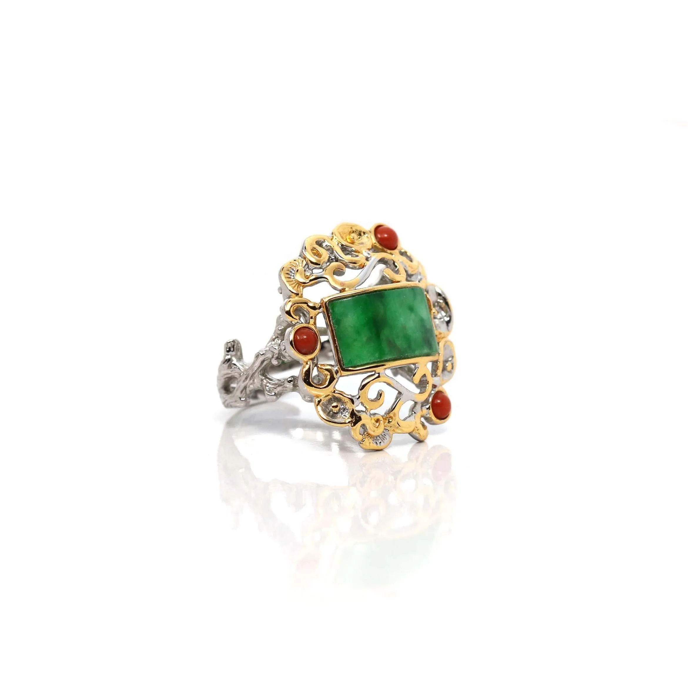 Baikalla "Antique Style" Sterling Silver Gold Plated Jadeite Jade Adjustable Ring With Agate Accents