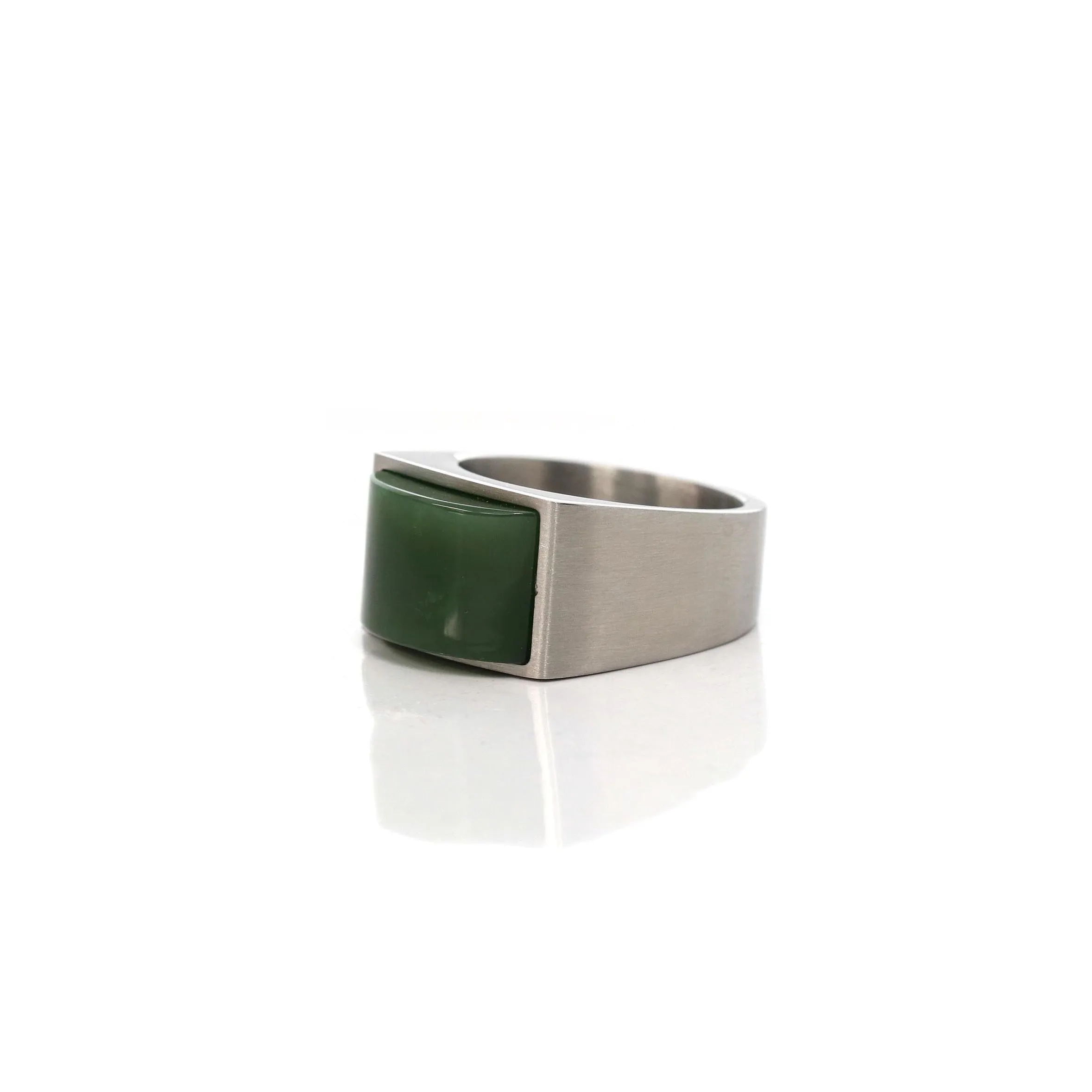 Baikalla Stainless Steel Green Nephrite Jade Men's Signet Ring