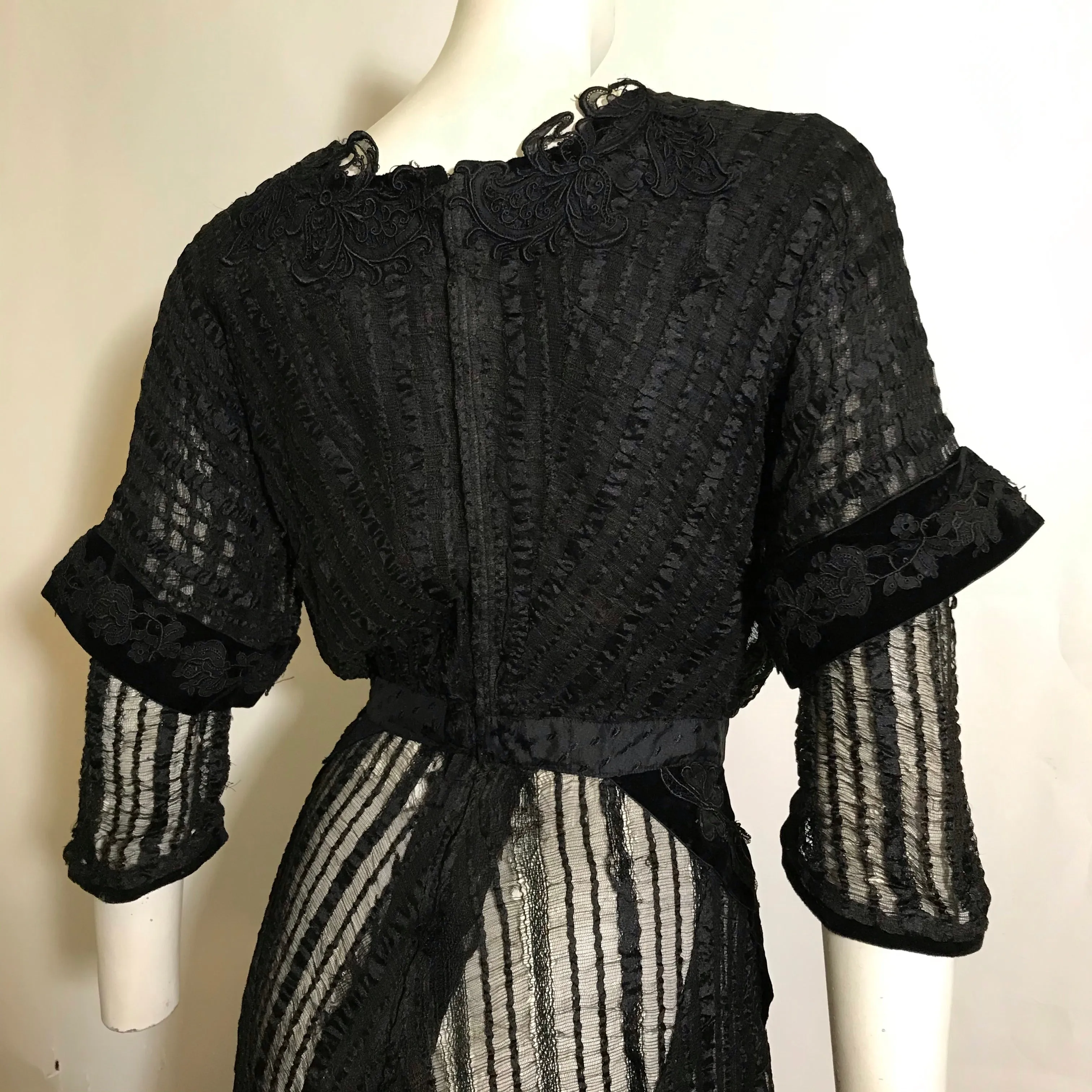 Black Web Woven Wool Long Dress with Embroidered Velvet Accents circa 1910s