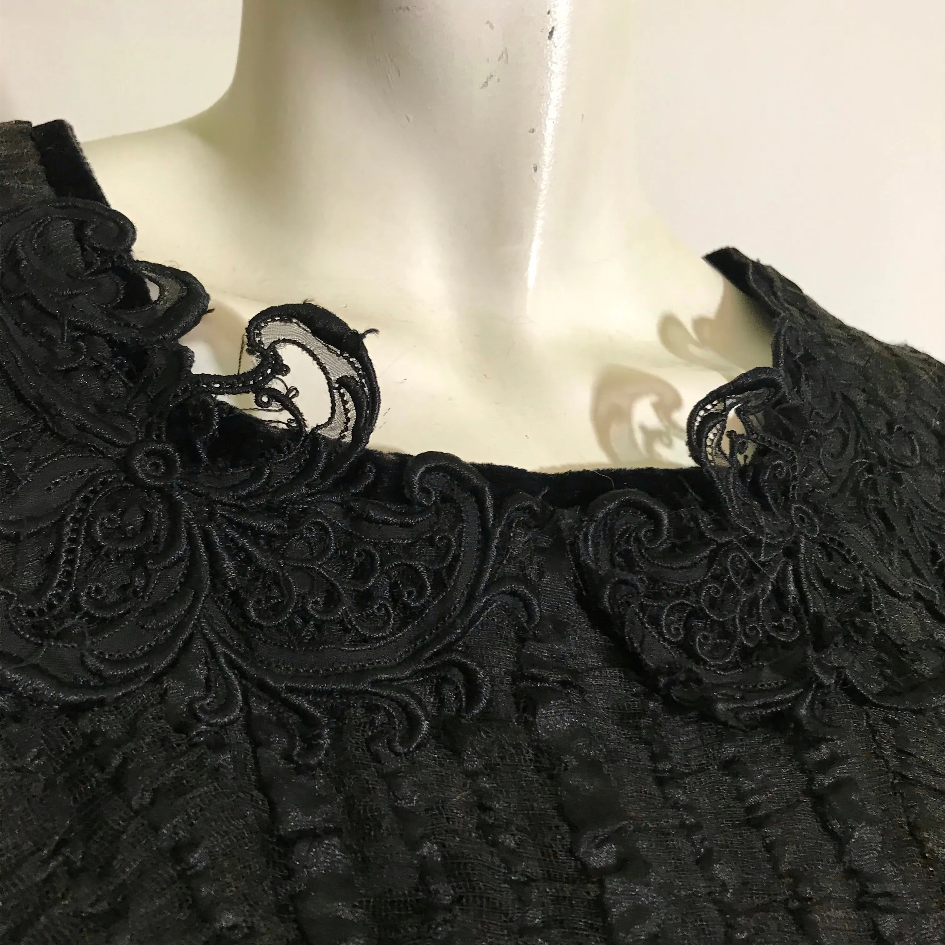 Black Web Woven Wool Long Dress with Embroidered Velvet Accents circa 1910s