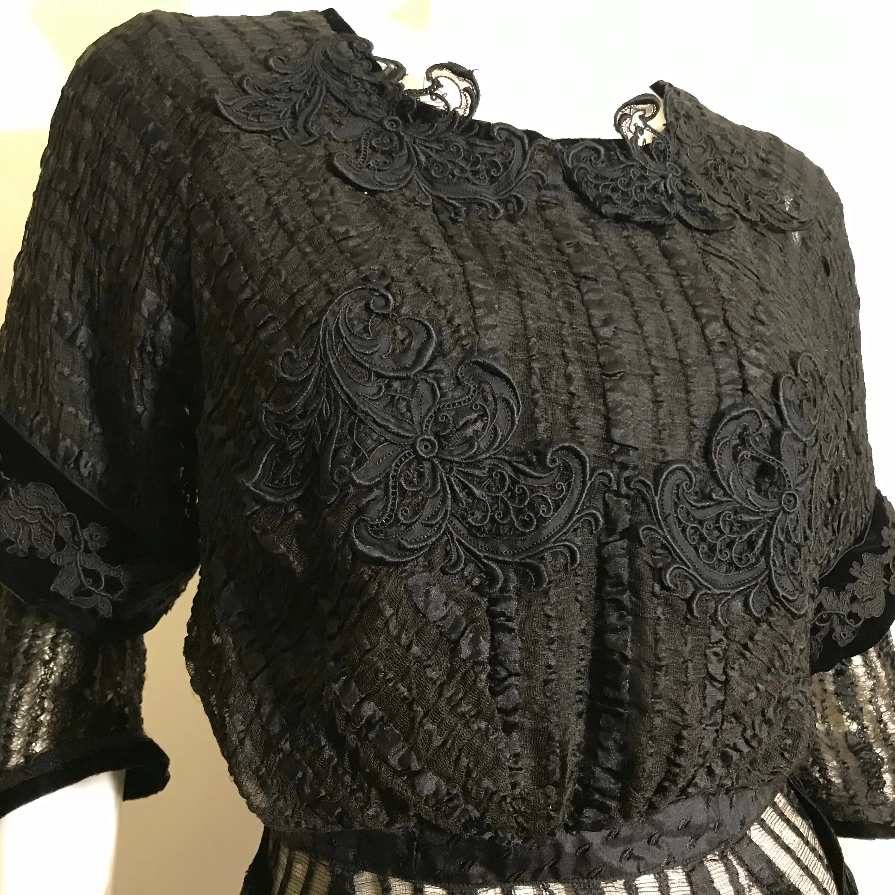 Black Web Woven Wool Long Dress with Embroidered Velvet Accents circa 1910s