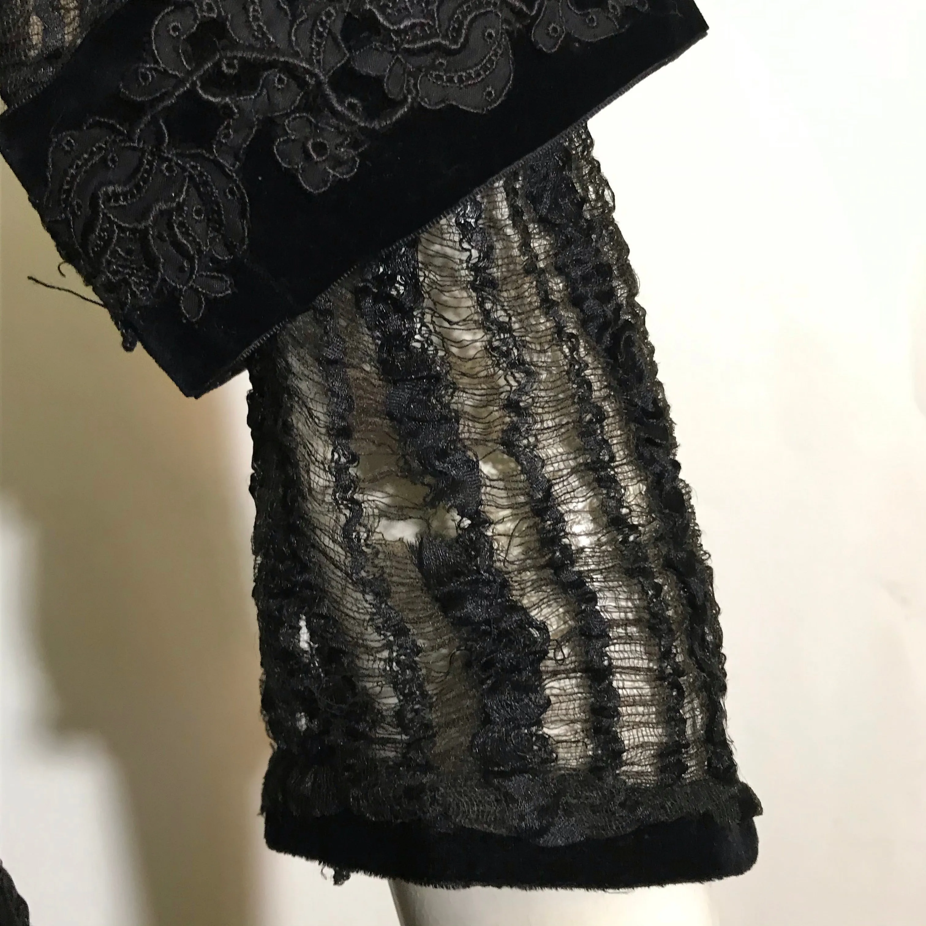 Black Web Woven Wool Long Dress with Embroidered Velvet Accents circa 1910s