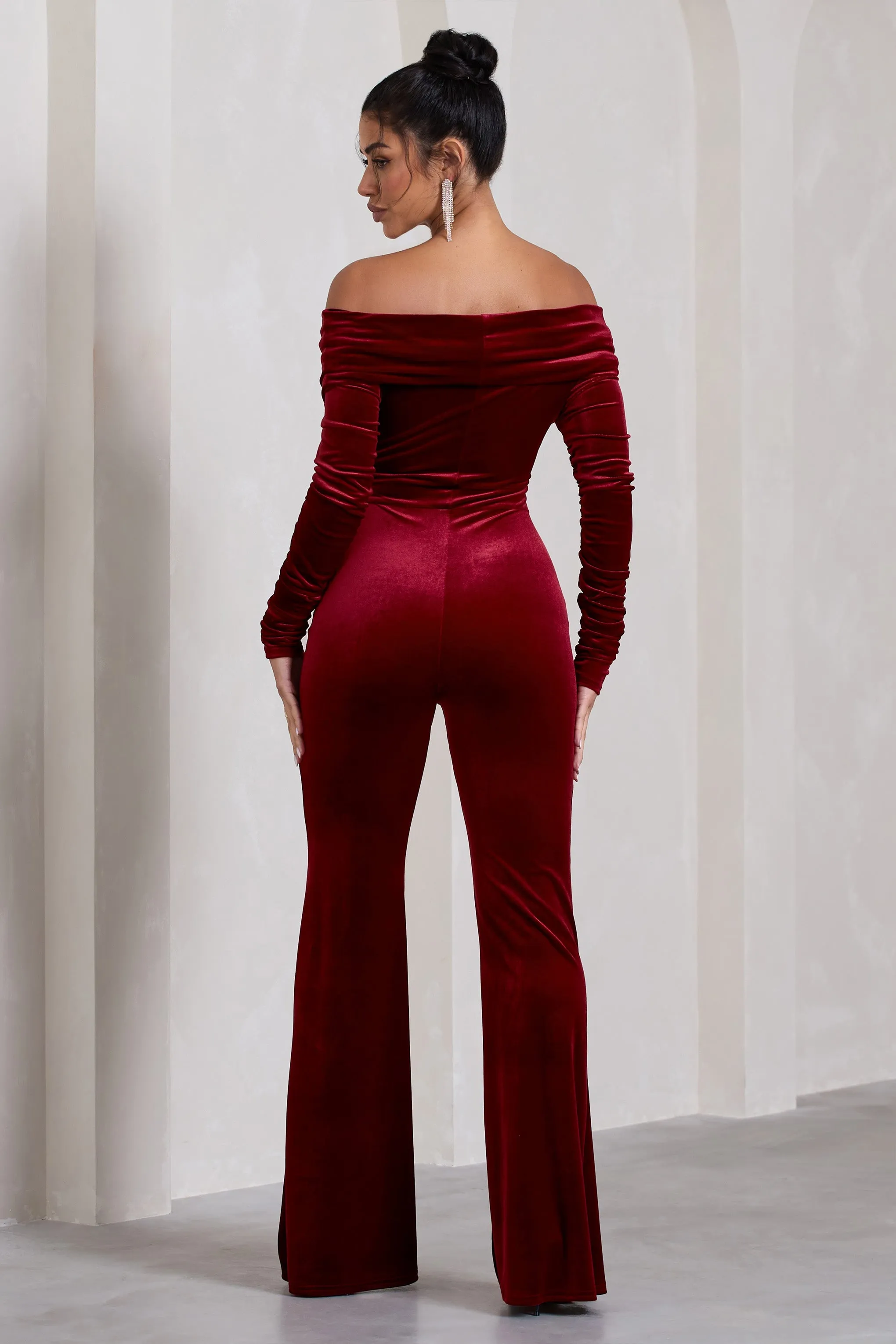 Borealis | Berry Velvet Long-Sleeved Bardot Jumpsuit