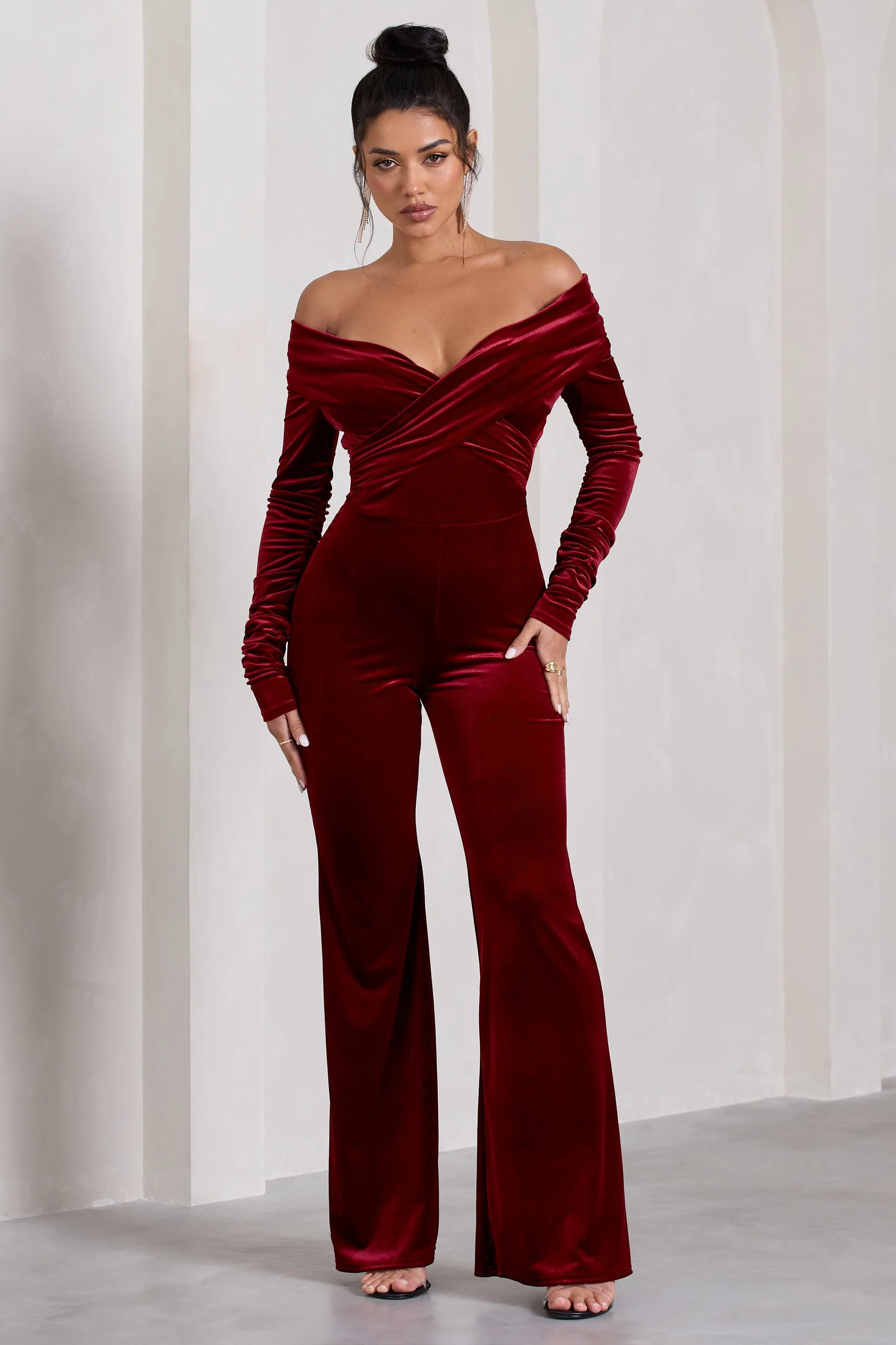 Borealis | Berry Velvet Long-Sleeved Bardot Jumpsuit