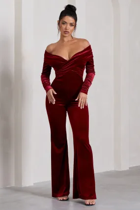 Borealis | Berry Velvet Long-Sleeved Bardot Jumpsuit