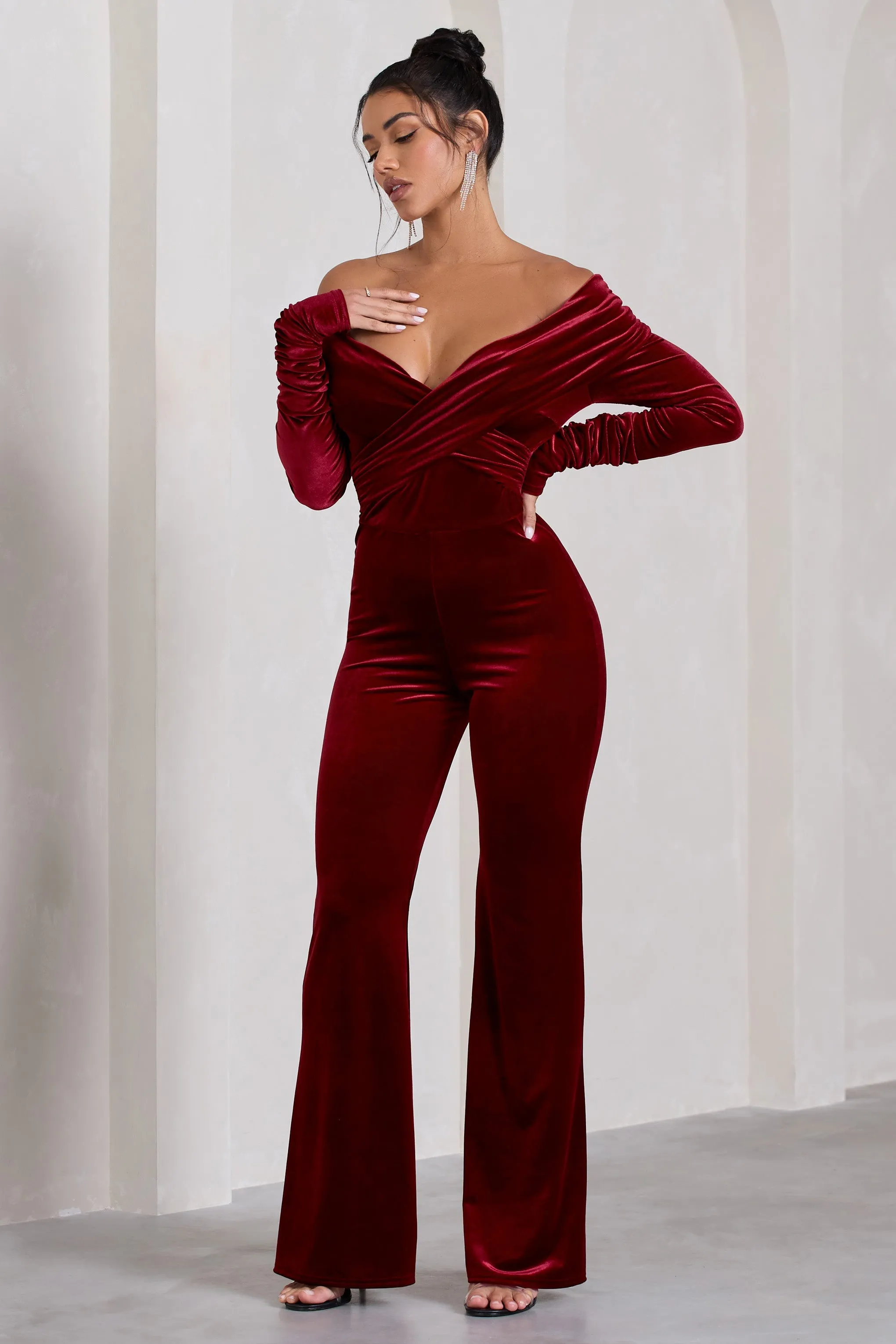 Borealis | Berry Velvet Long-Sleeved Bardot Jumpsuit