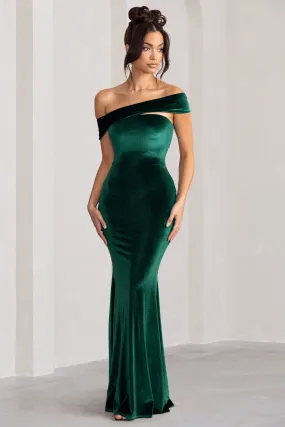 Candela | Bottle Green Velvet Asymmetric Bardot Maxi Dress