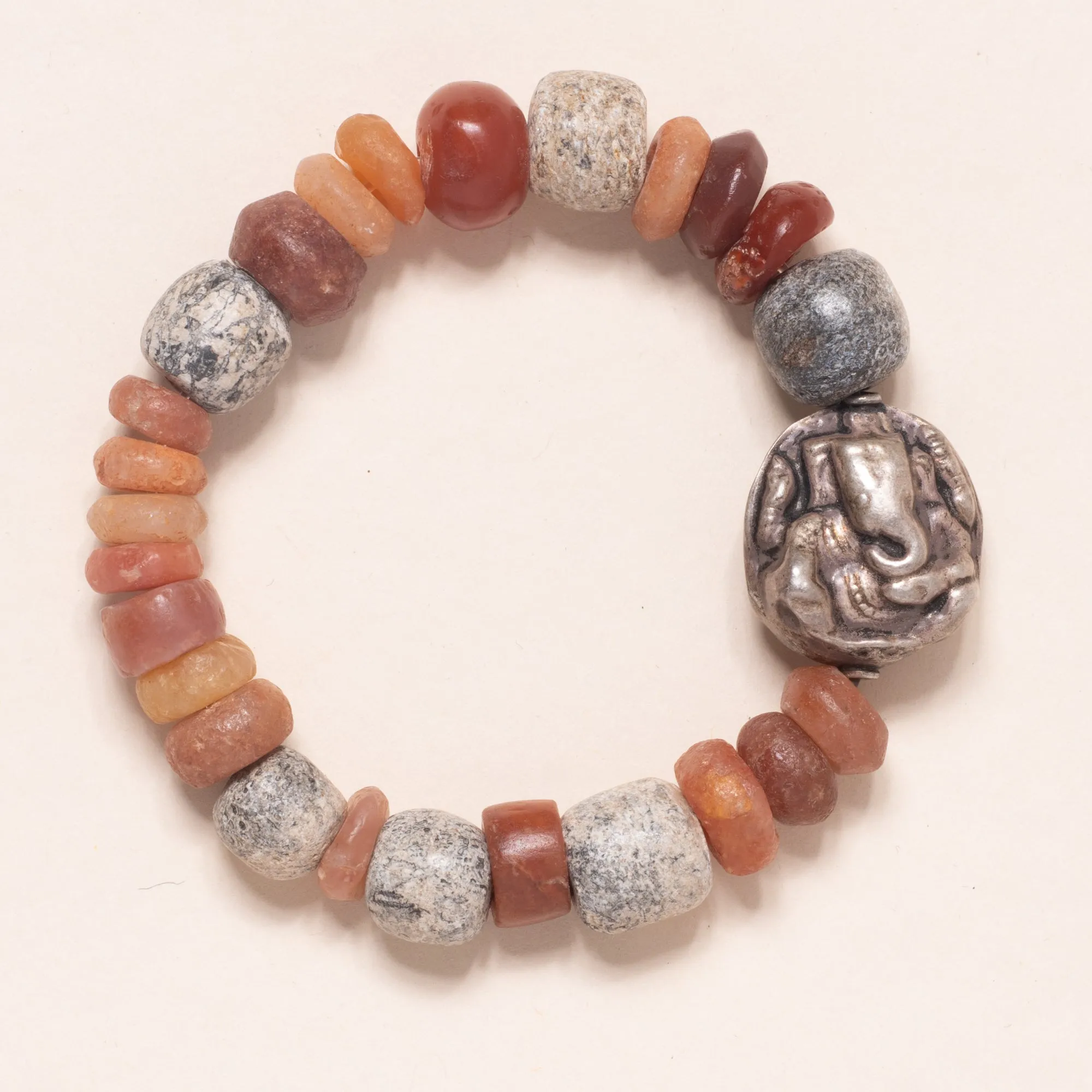 Carnelian, Dinosaure Bone, with Silver Ganesah Bead Bloom Bracelet