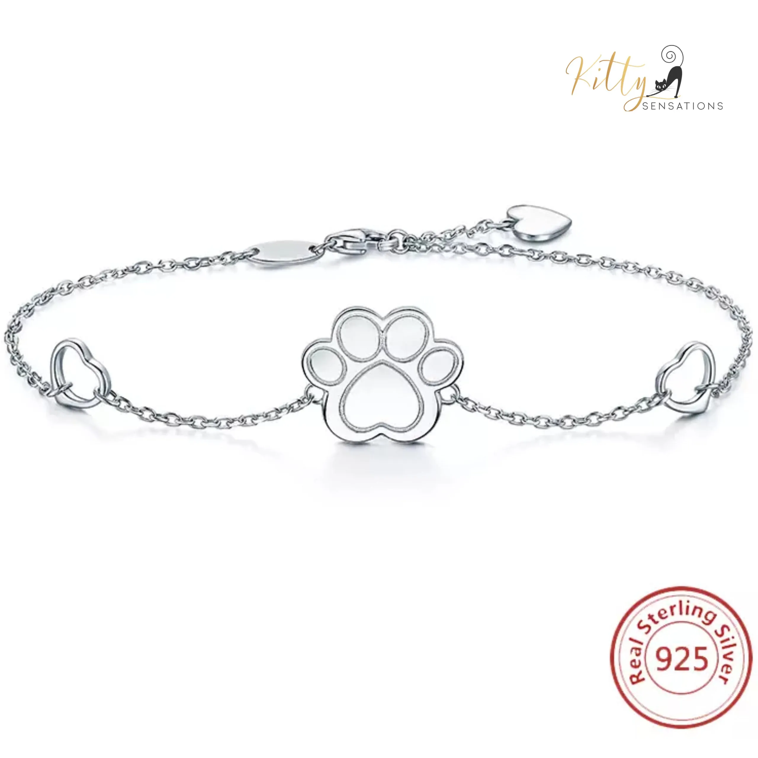 Cat Paw Bracelet in Solid 925 Sterling Silver (Platinum Plated)