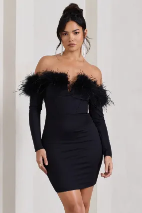 Celia | Black Plunge Neck Bardot Mini Dress With Feather Trim Detail