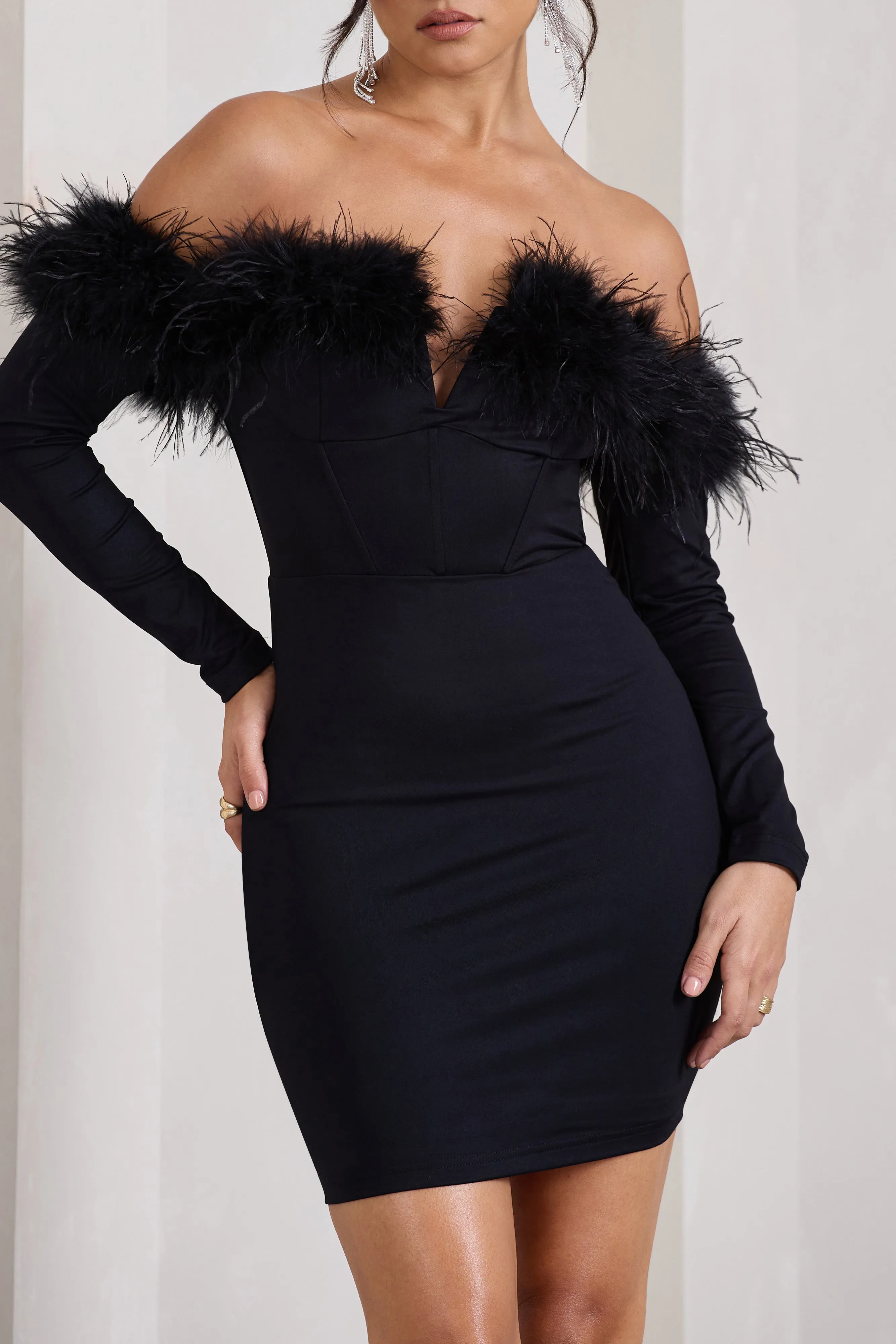 Celia | Black Plunge Neck Bardot Mini Dress With Feather Trim Detail