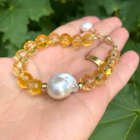 Citrine and Baroque Pearl Bracelet, 14k Gold Filled, November Birthstone , 7inch