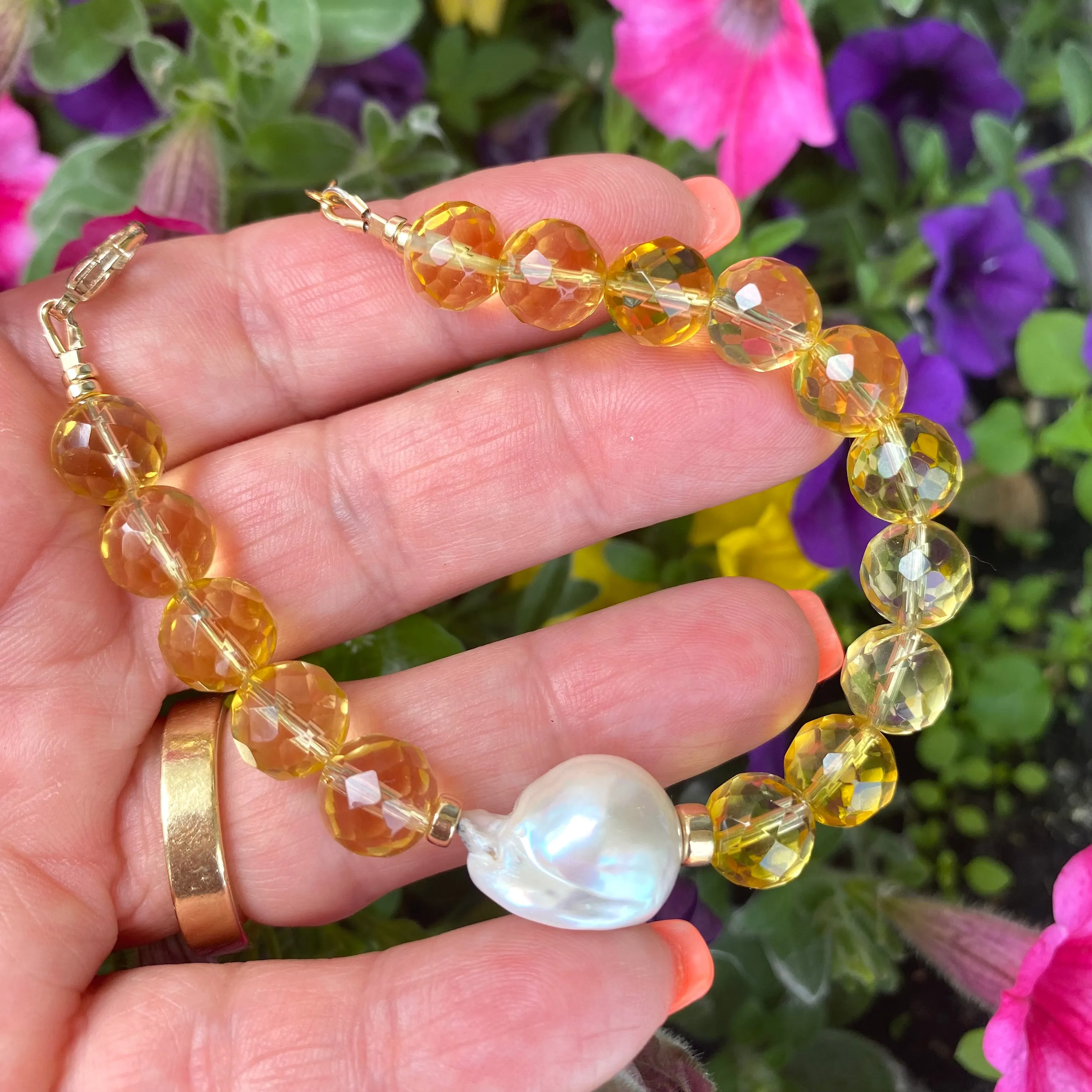 Citrine and Baroque Pearl Bracelet, 14k Gold Filled, November Birthstone , 7inch