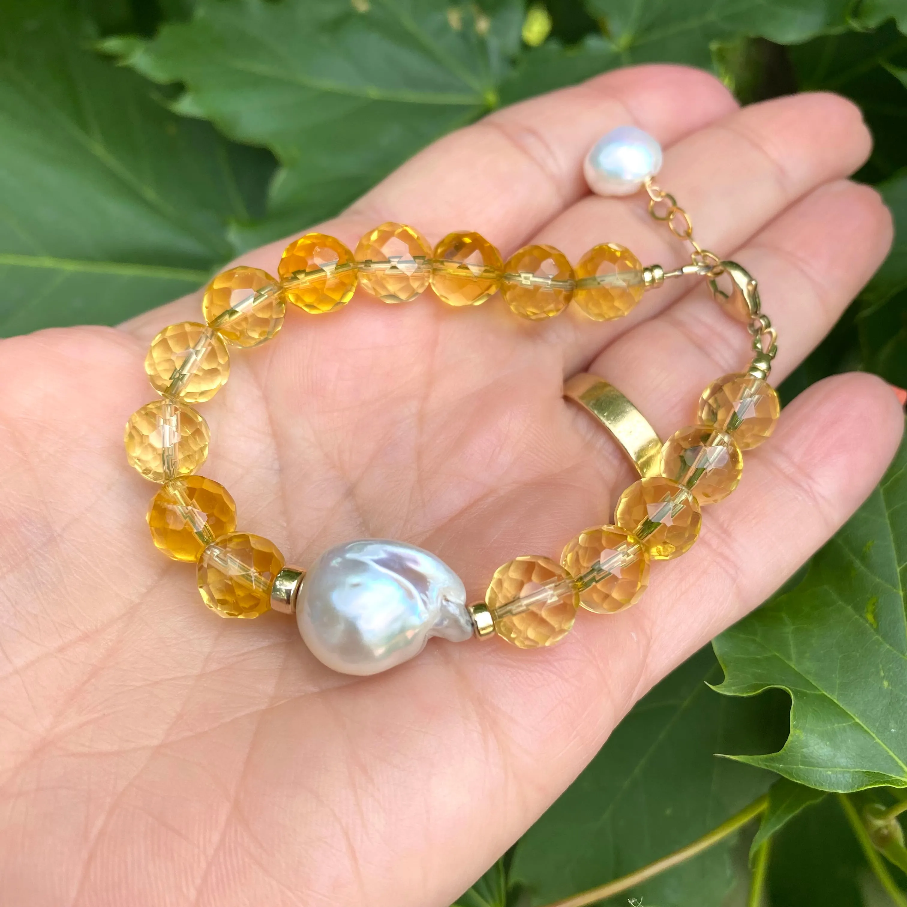 Citrine and Baroque Pearl Bracelet, 14k Gold Filled, November Birthstone , 7inch