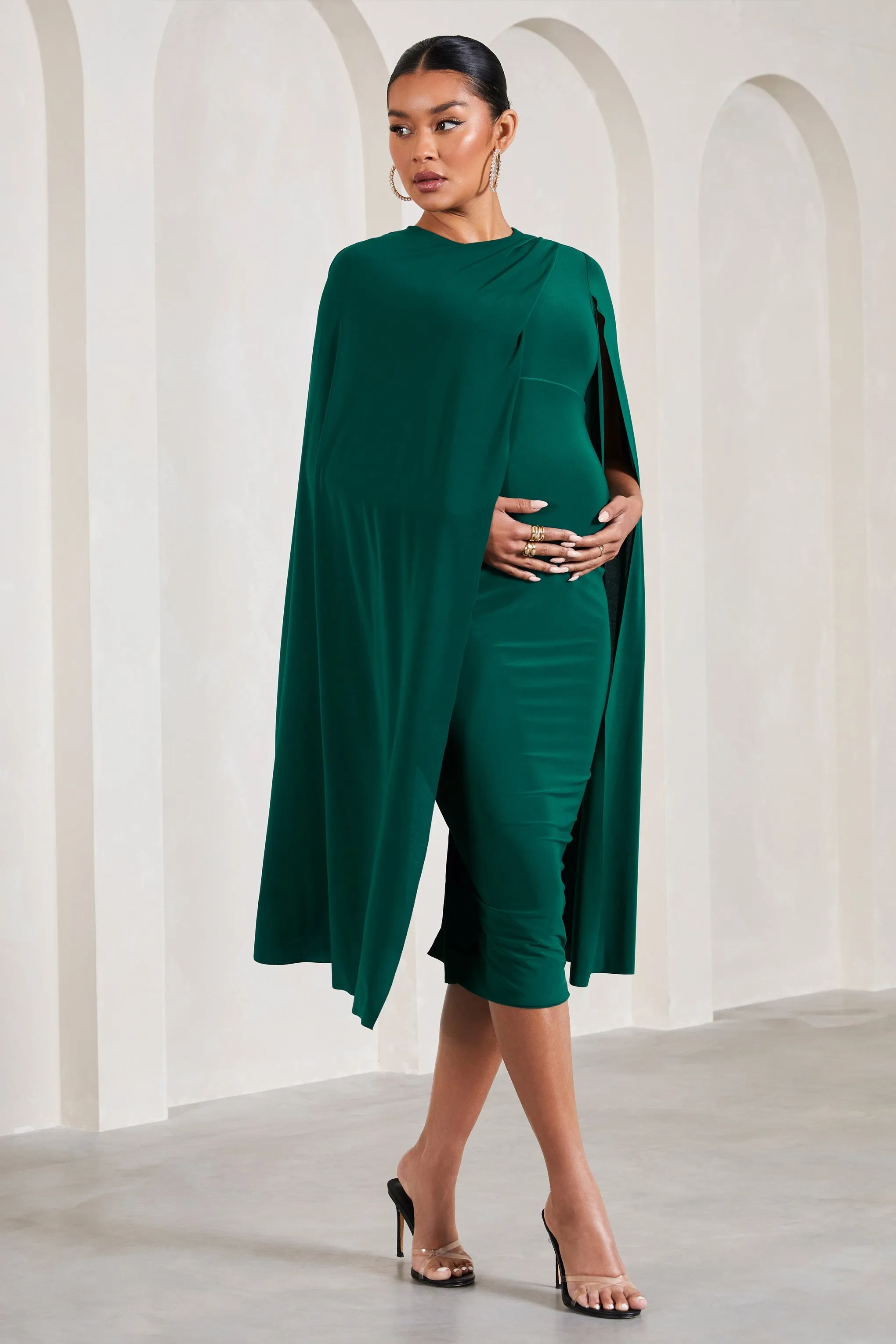 Cloud Nine | Bottle Green Maternity Midi Dress With Cape Sleeves