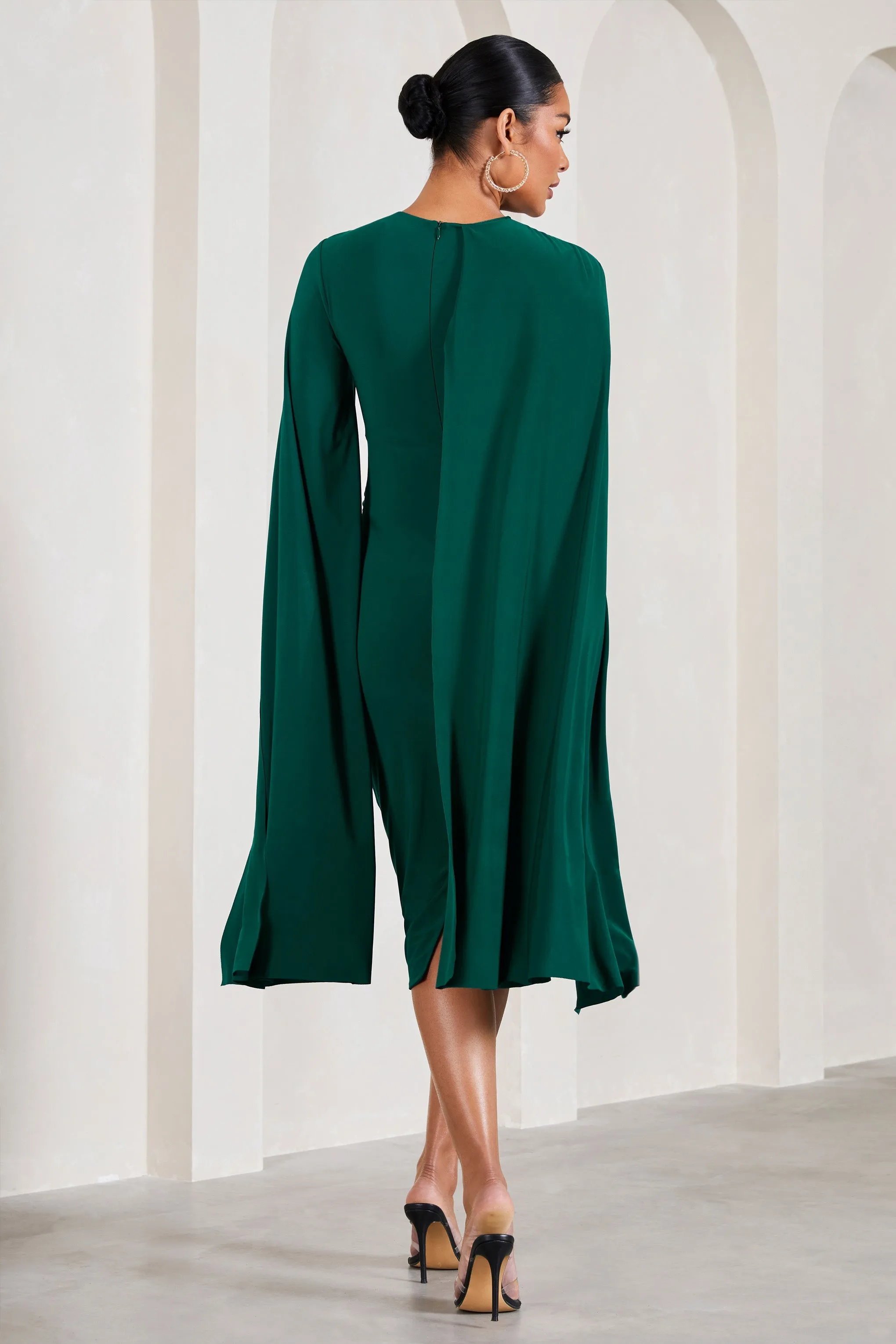 Cloud Nine | Bottle Green Maternity Midi Dress With Cape Sleeves