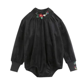 Dinky Baby Velvet Romper Mockneck With Embroidered Flowers Black