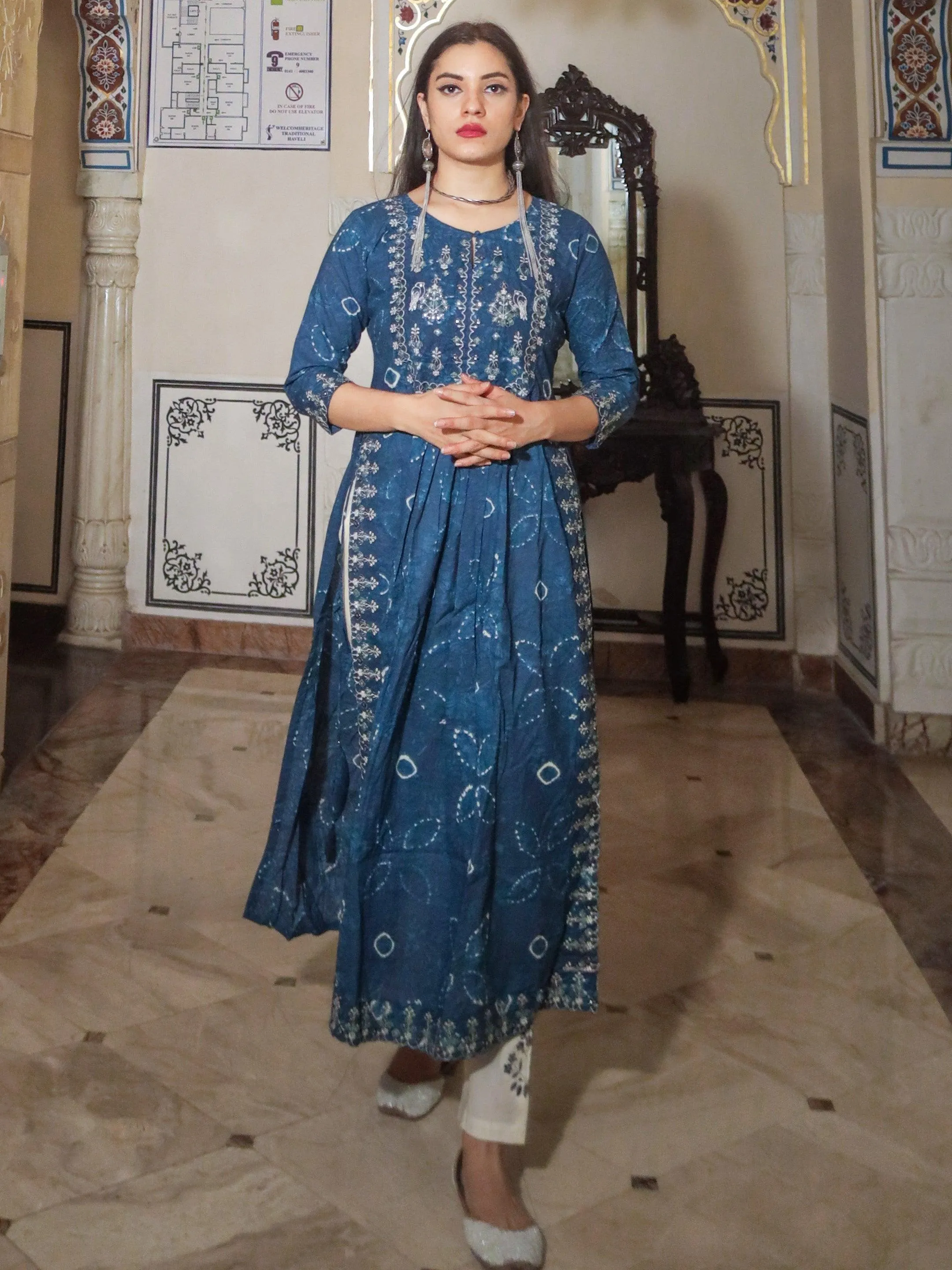 Divena Blue Cotton Nyra cut Kurta Pant set