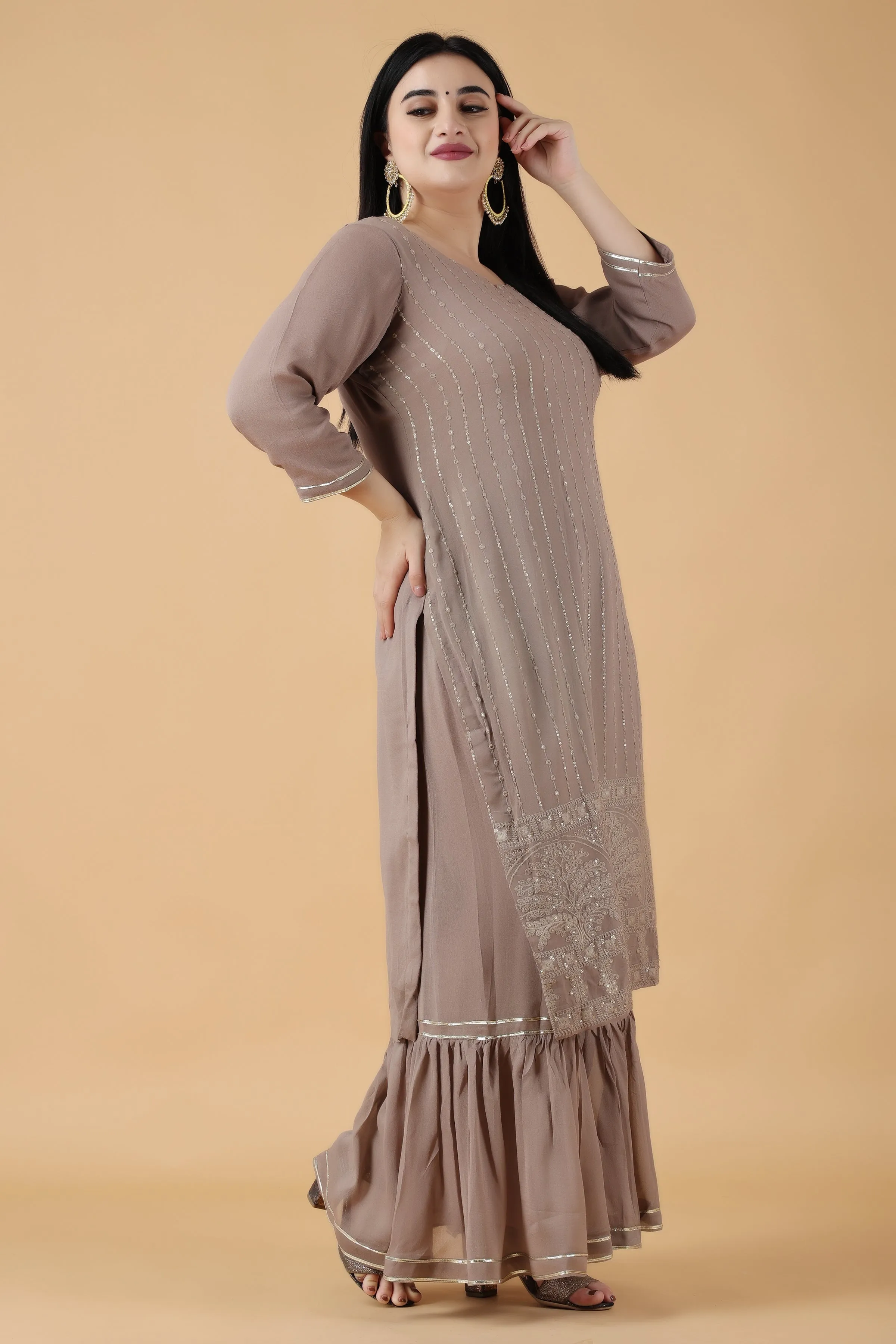 Earthy Brown Sequin Sharara Suit