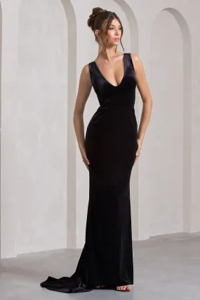 Elisabetta | Black Velvet Plunge-Neck Fishtail Maxi Dress