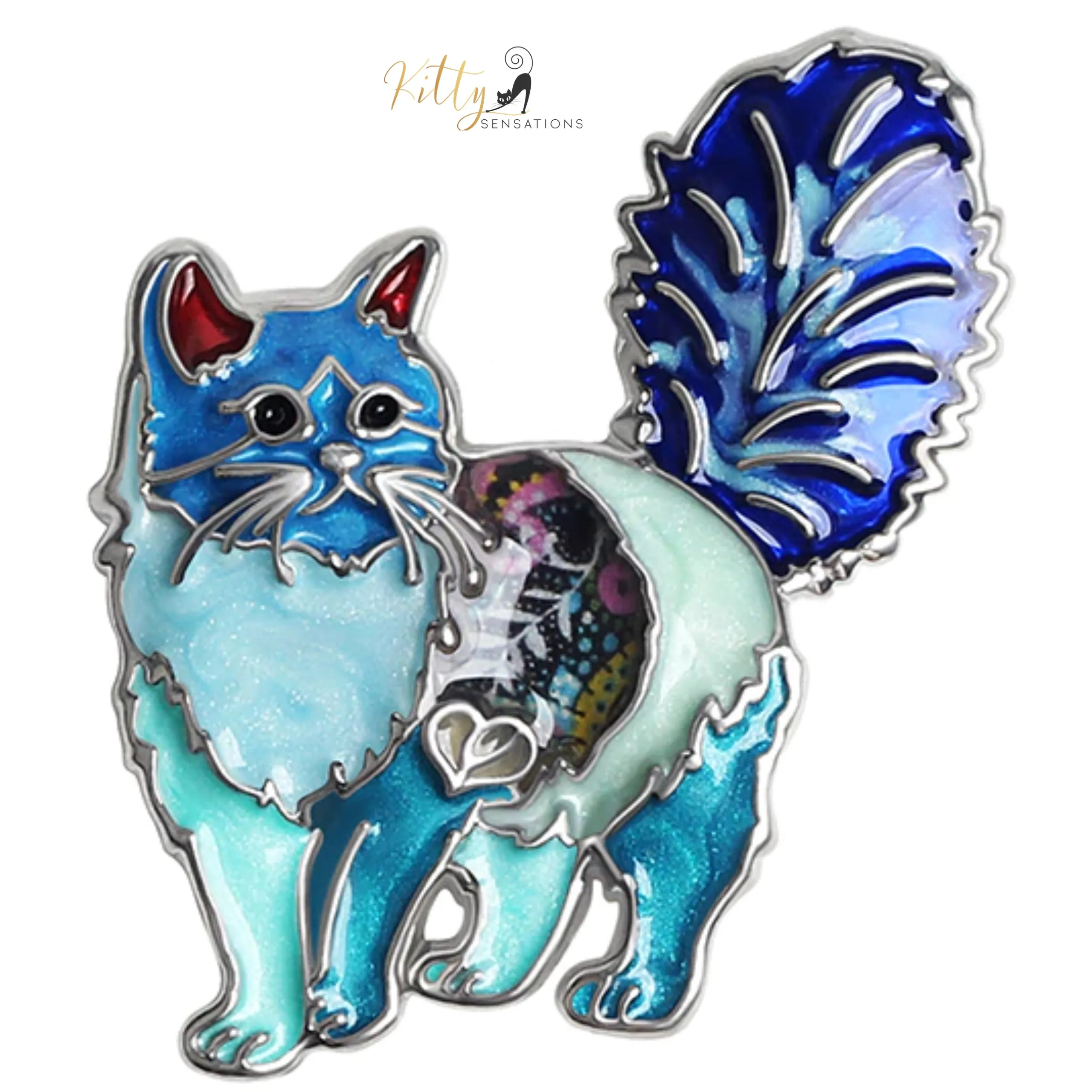 Fluffy Cat Brooch in Enamel Over Metal