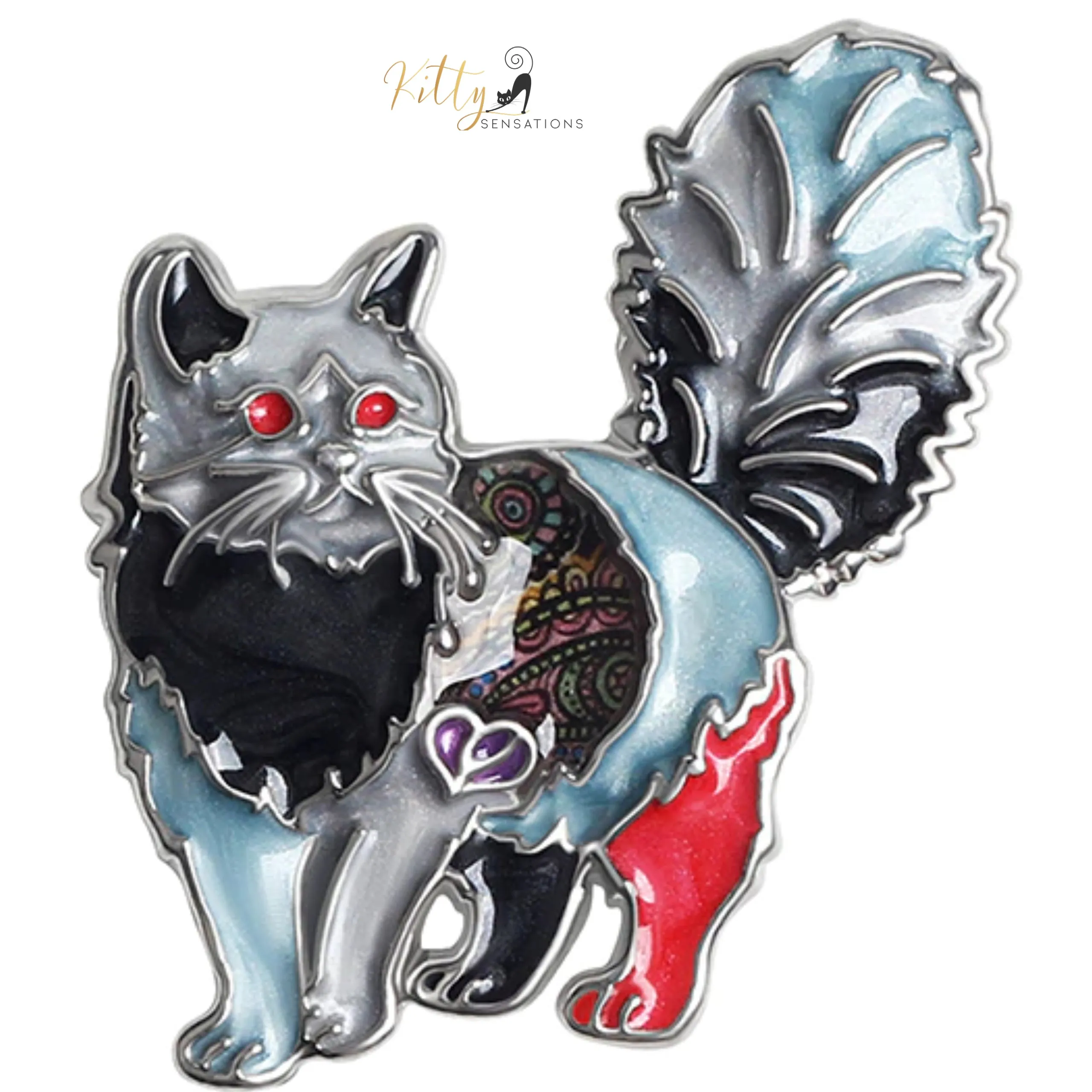 Fluffy Cat Brooch in Enamel Over Metal