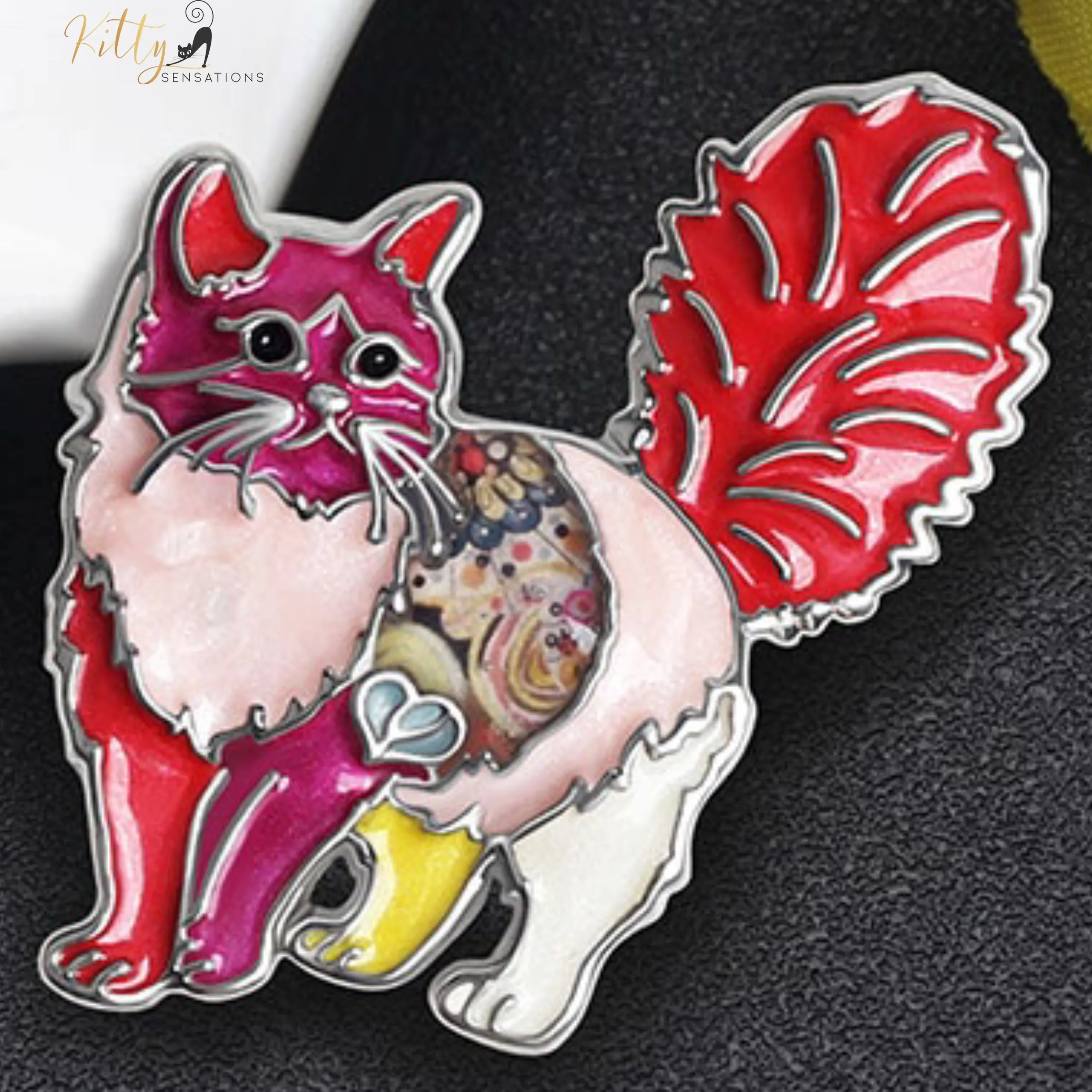 Fluffy Cat Brooch in Enamel Over Metal