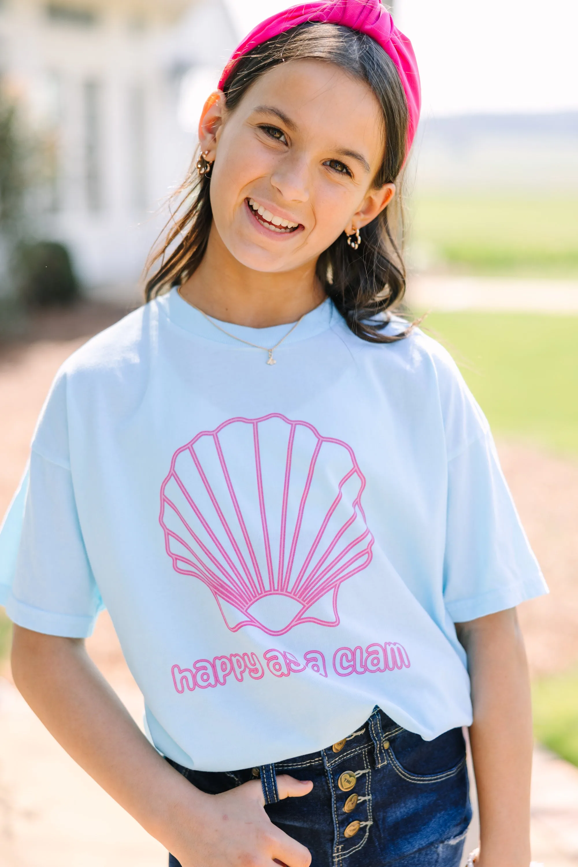 Girls: Happy As A Clam Blue Oversized Graphic Tee