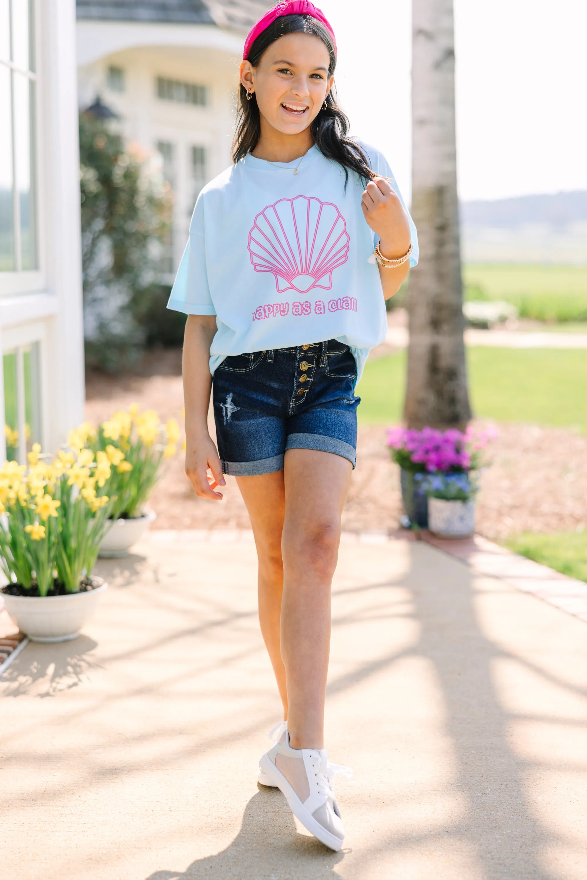 Girls: Happy As A Clam Blue Oversized Graphic Tee