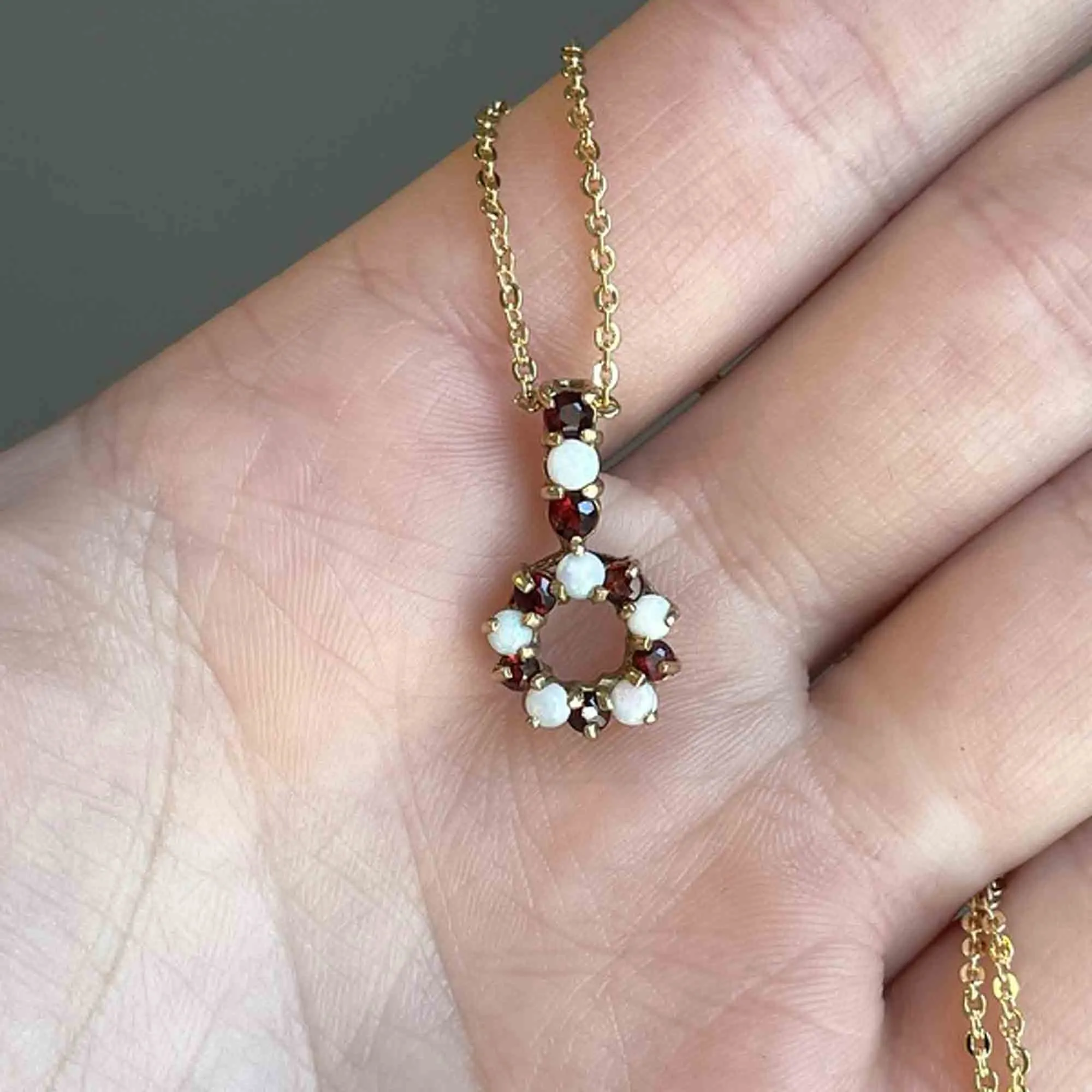 Gold Opal Garnet Charm Pendant Necklace