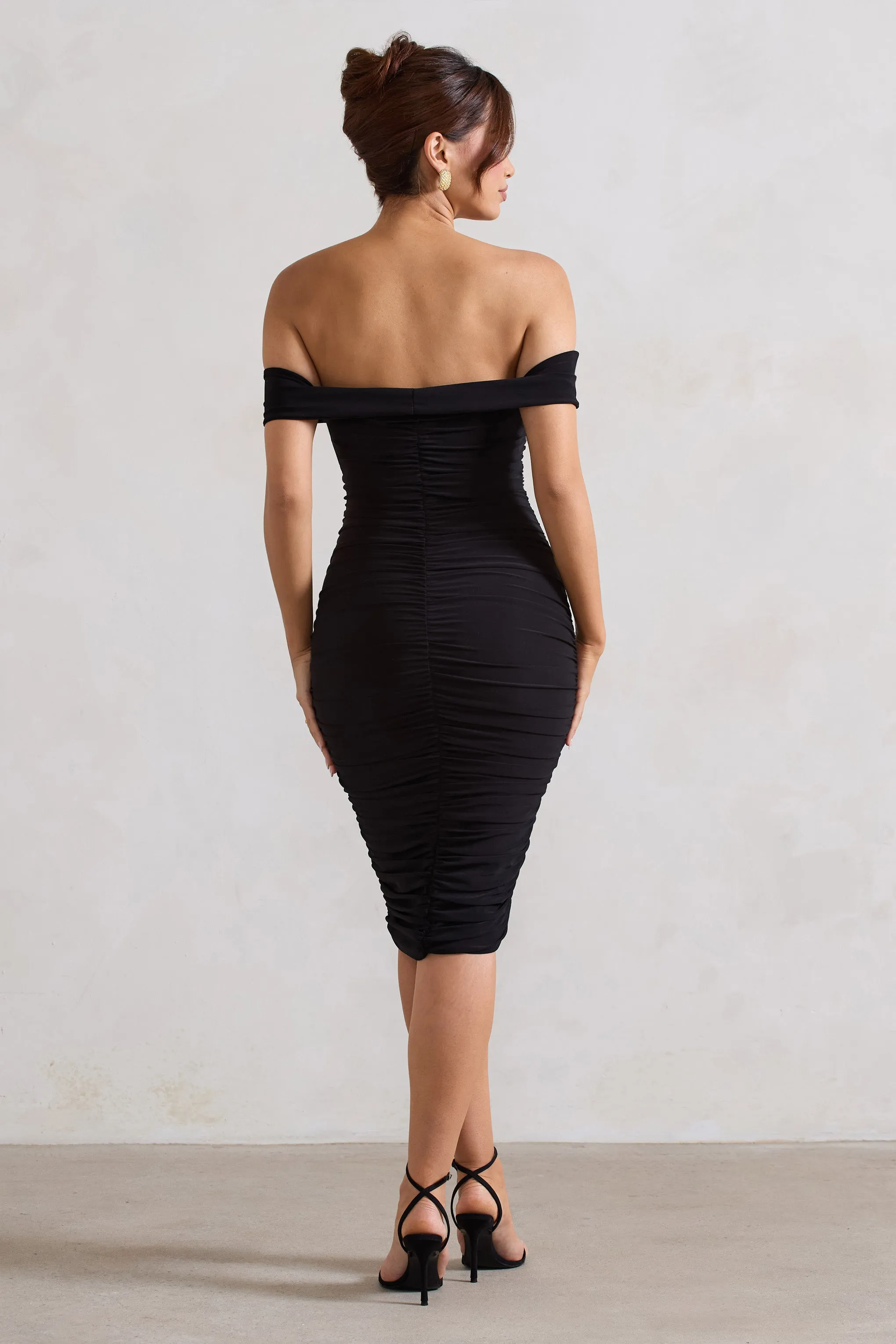 Gratitude | Black Velvet Off The Shoulder Ruched Midi Dress