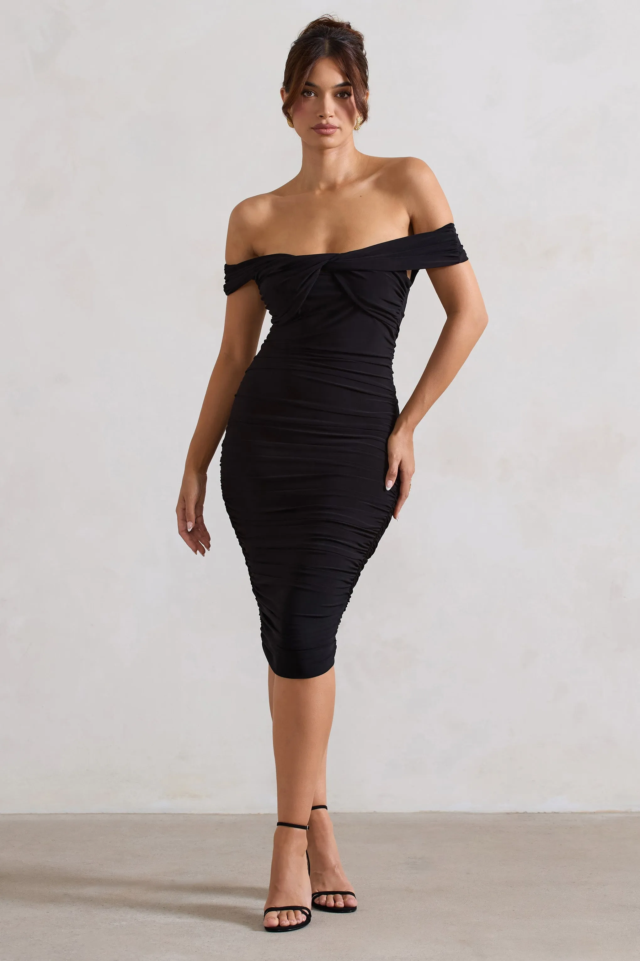 Gratitude | Black Velvet Off The Shoulder Ruched Midi Dress