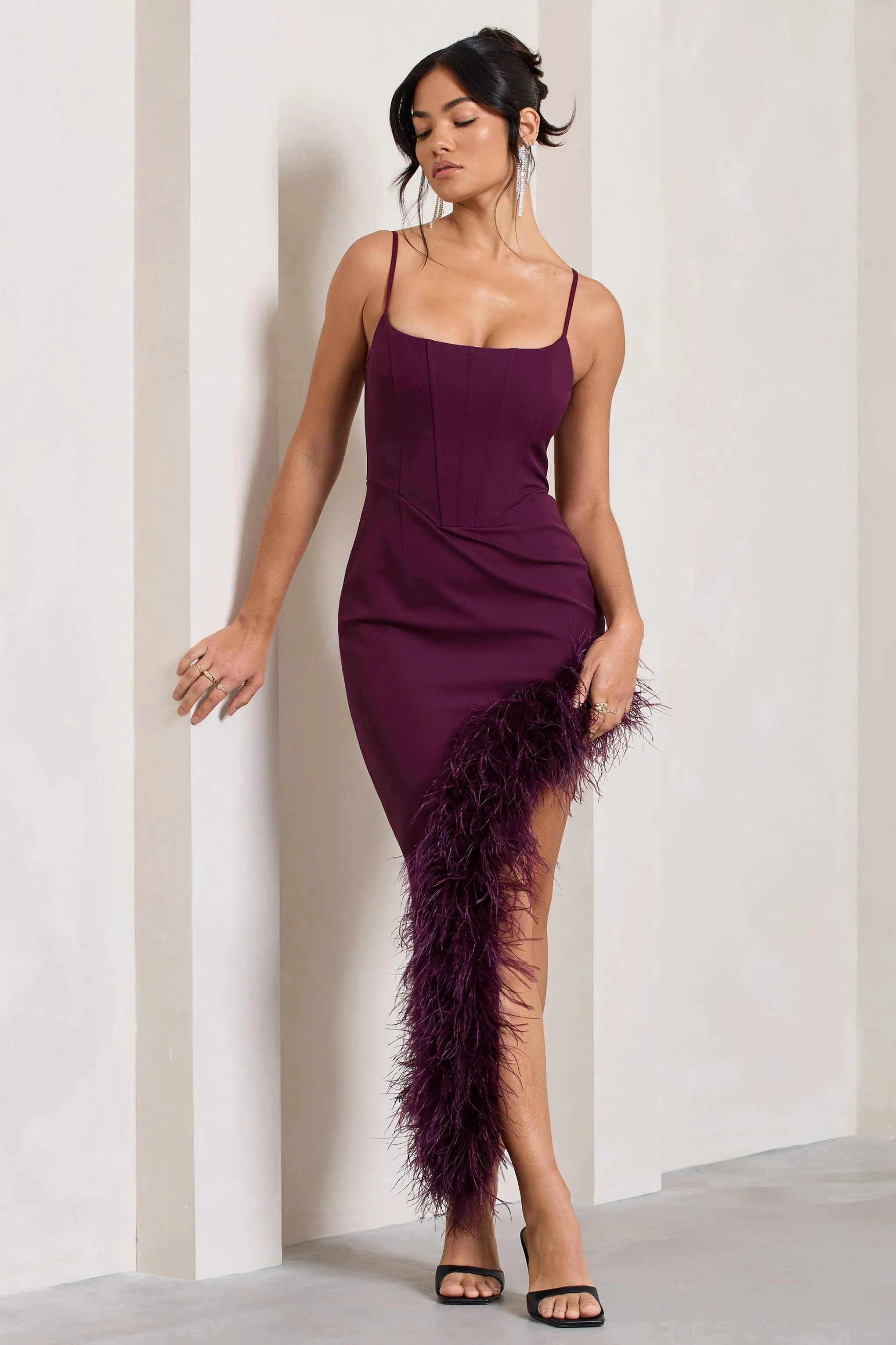 High Status | Burgundy Strappy Corset Asymmetric Maxi Dress With Feather Trim