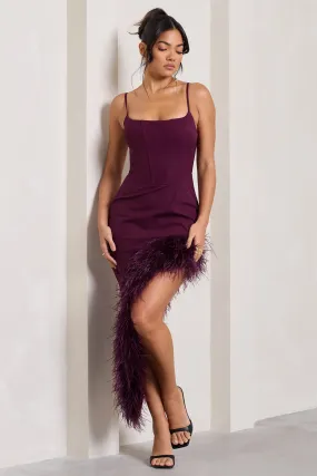 High Status | Burgundy Strappy Corset Asymmetric Maxi Dress With Feather Trim