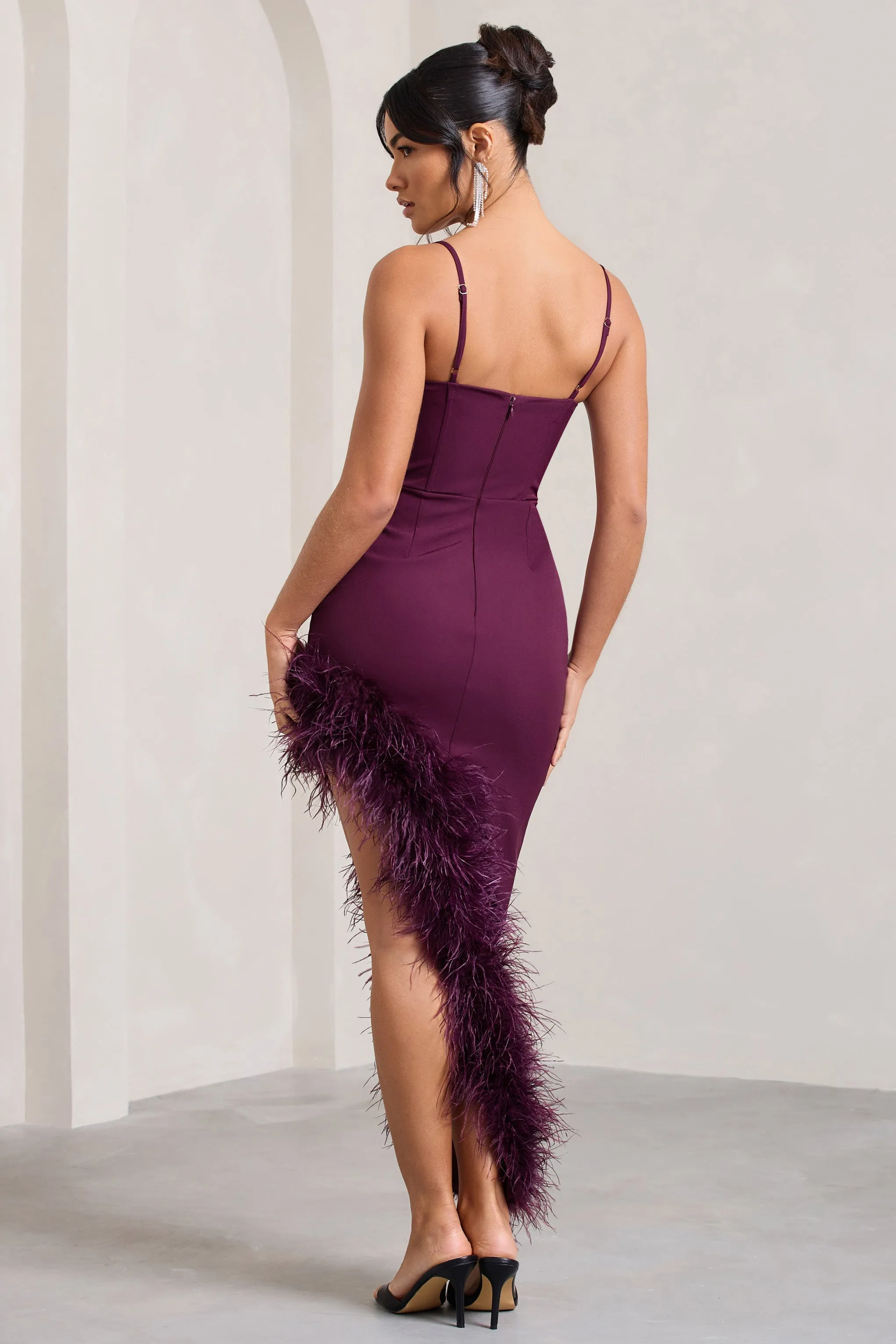 High Status | Burgundy Strappy Corset Asymmetric Maxi Dress With Feather Trim