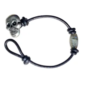 Labradorite gemstone Leather bracelet with Pewter Skull Button clasp