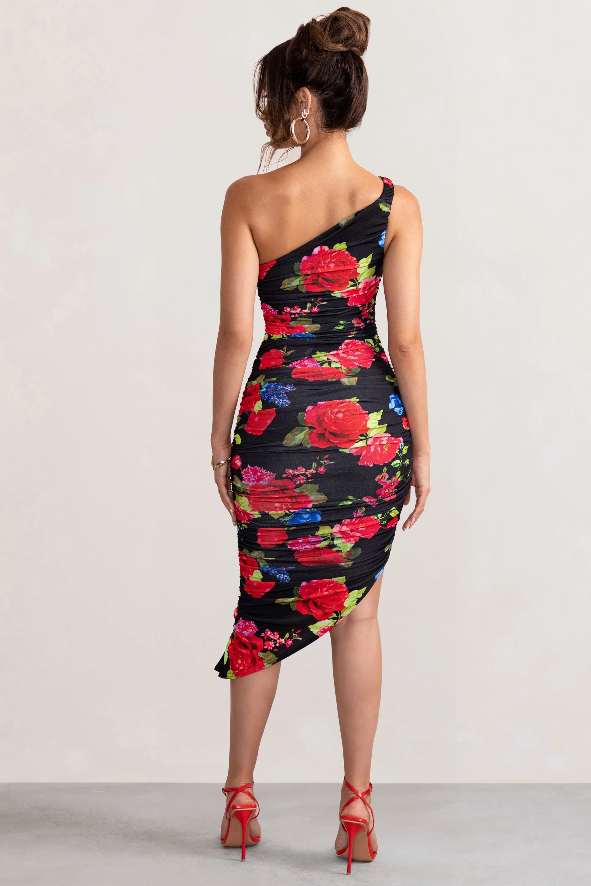 Late Night | Black Floral Print Asymmetric One Shoulder Ruched Midi Dress