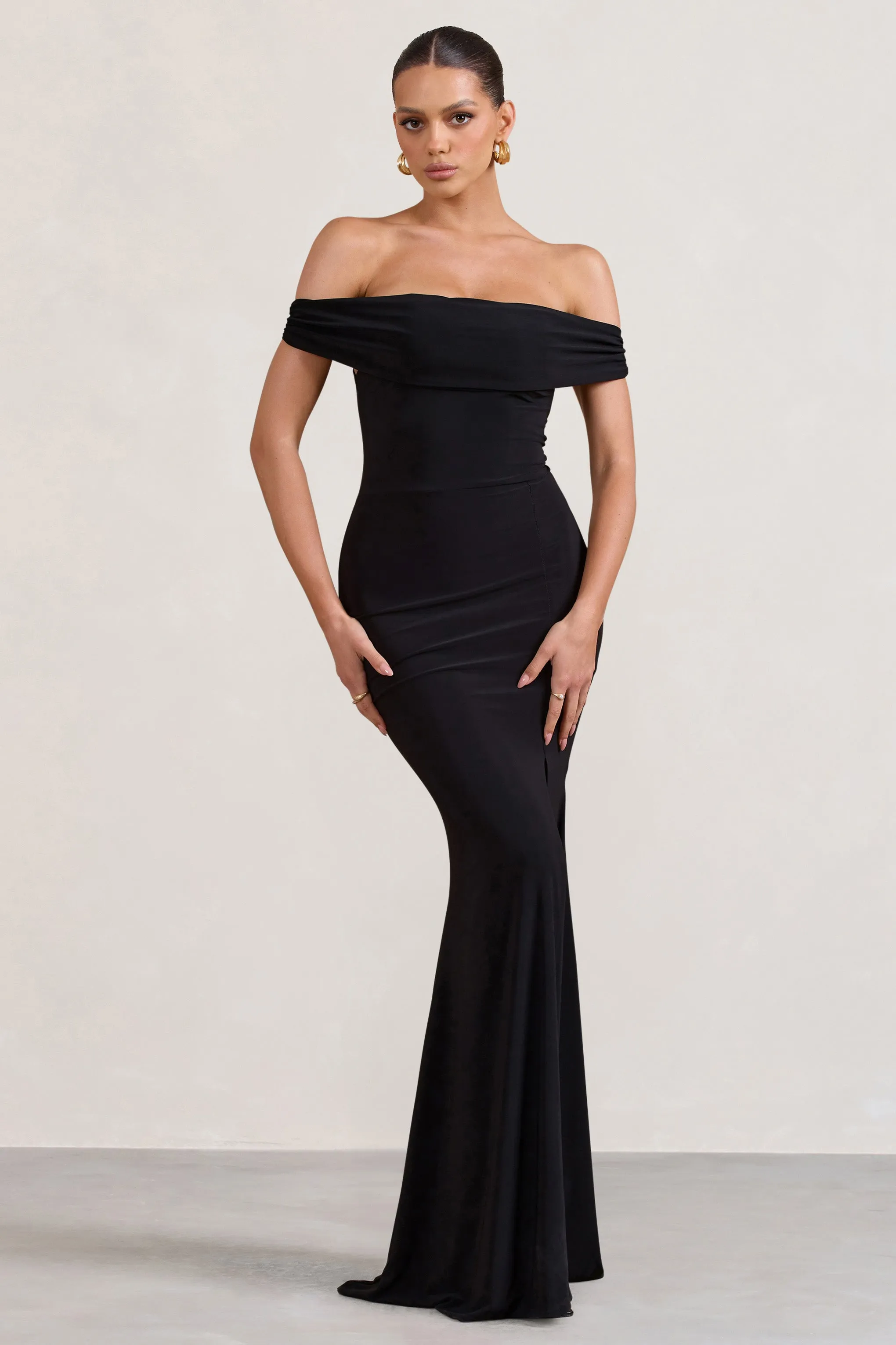 Law of Attraction | Black Bardot Draped Split Maxi Dress