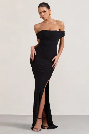 Law of Attraction | Black Bardot Draped Split Maxi Dress