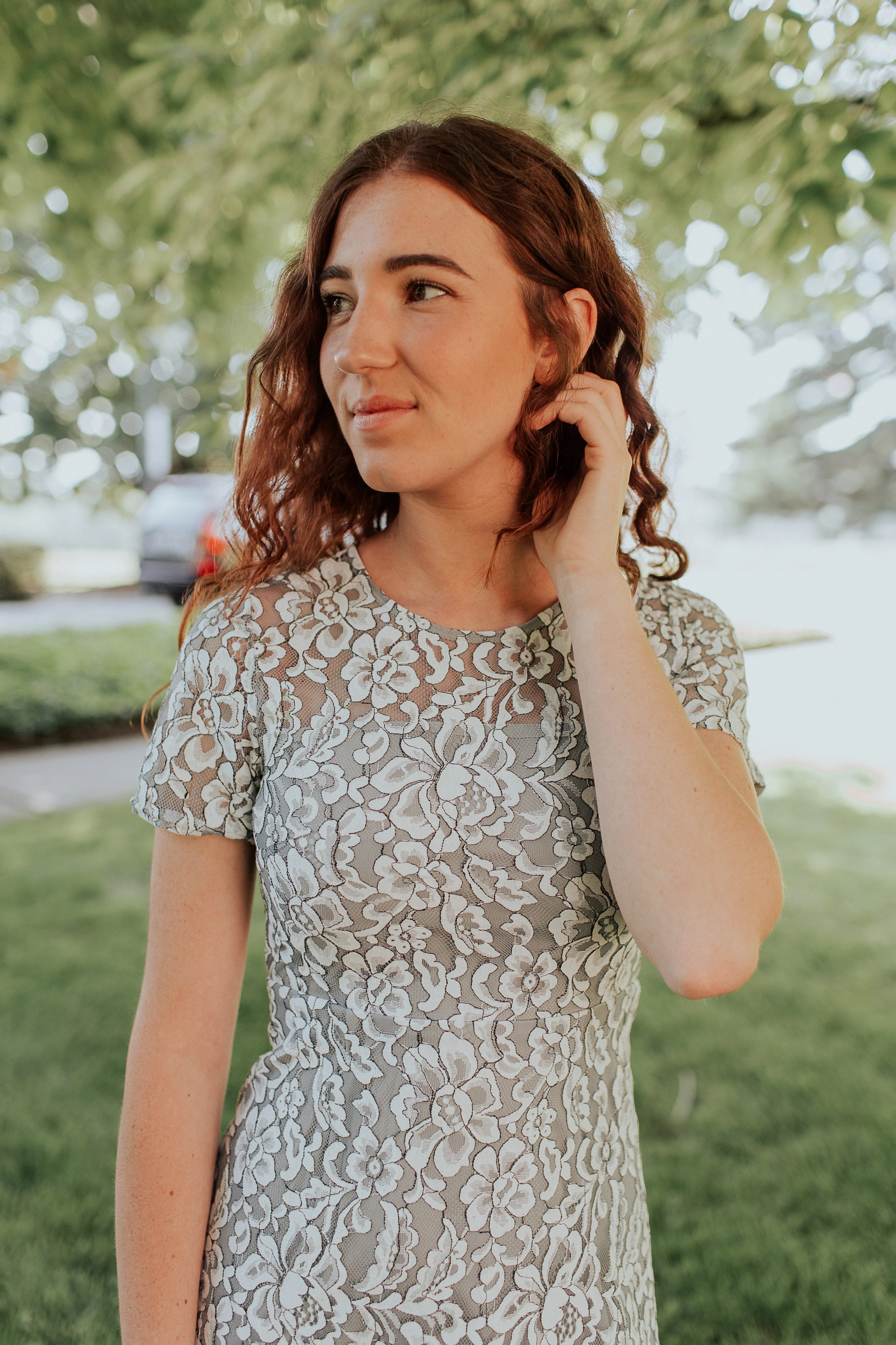 Lora Lace Dress in Dusty Blue PETITE