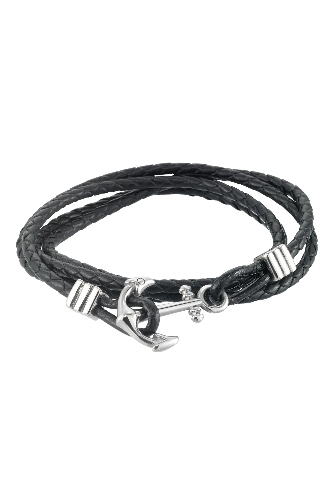 Men's Stainless Steel Black Leather Bracelet