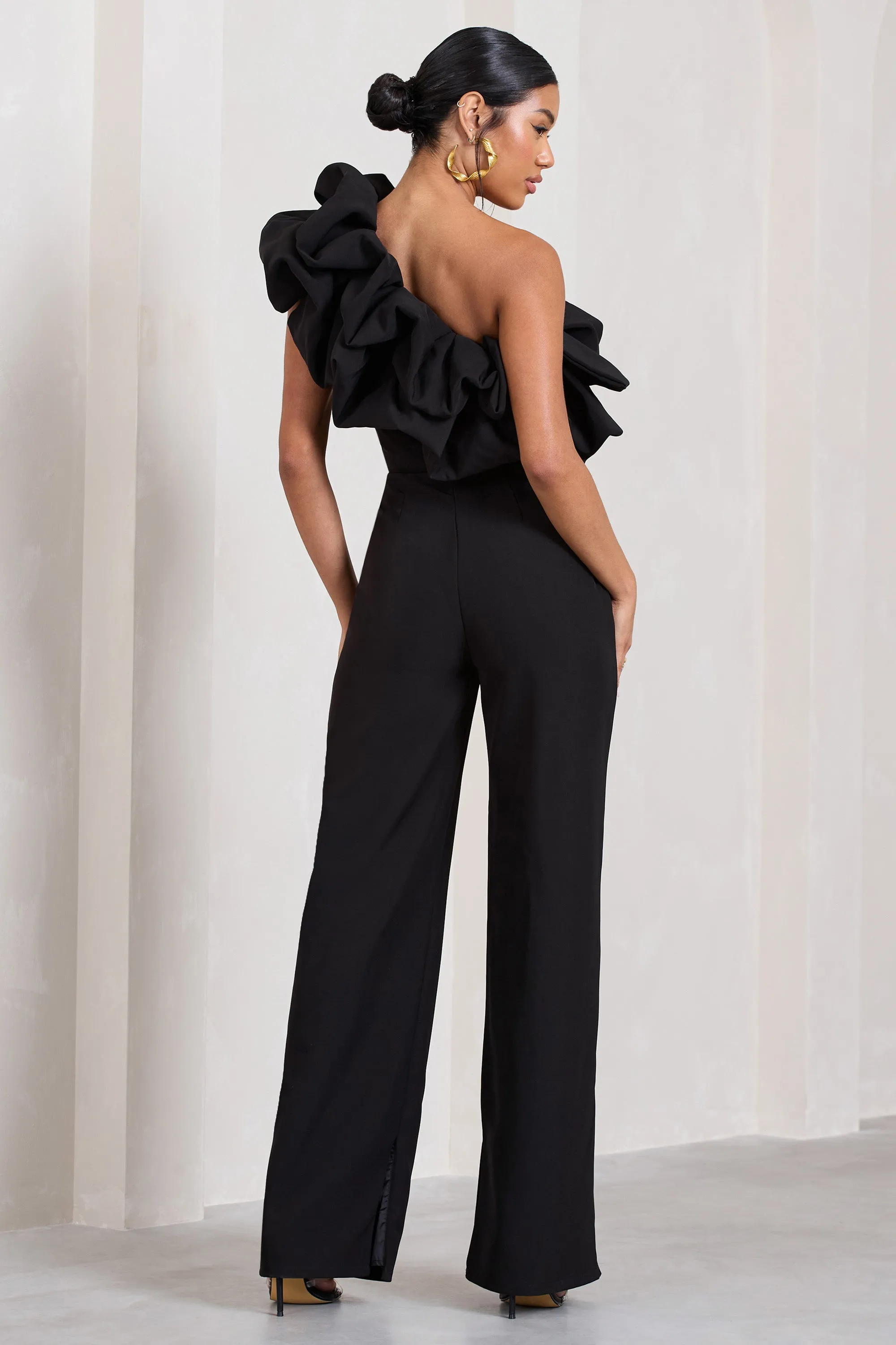 Monica | Black Asymmetric Ruffled Wide-Leg Jumpsuit